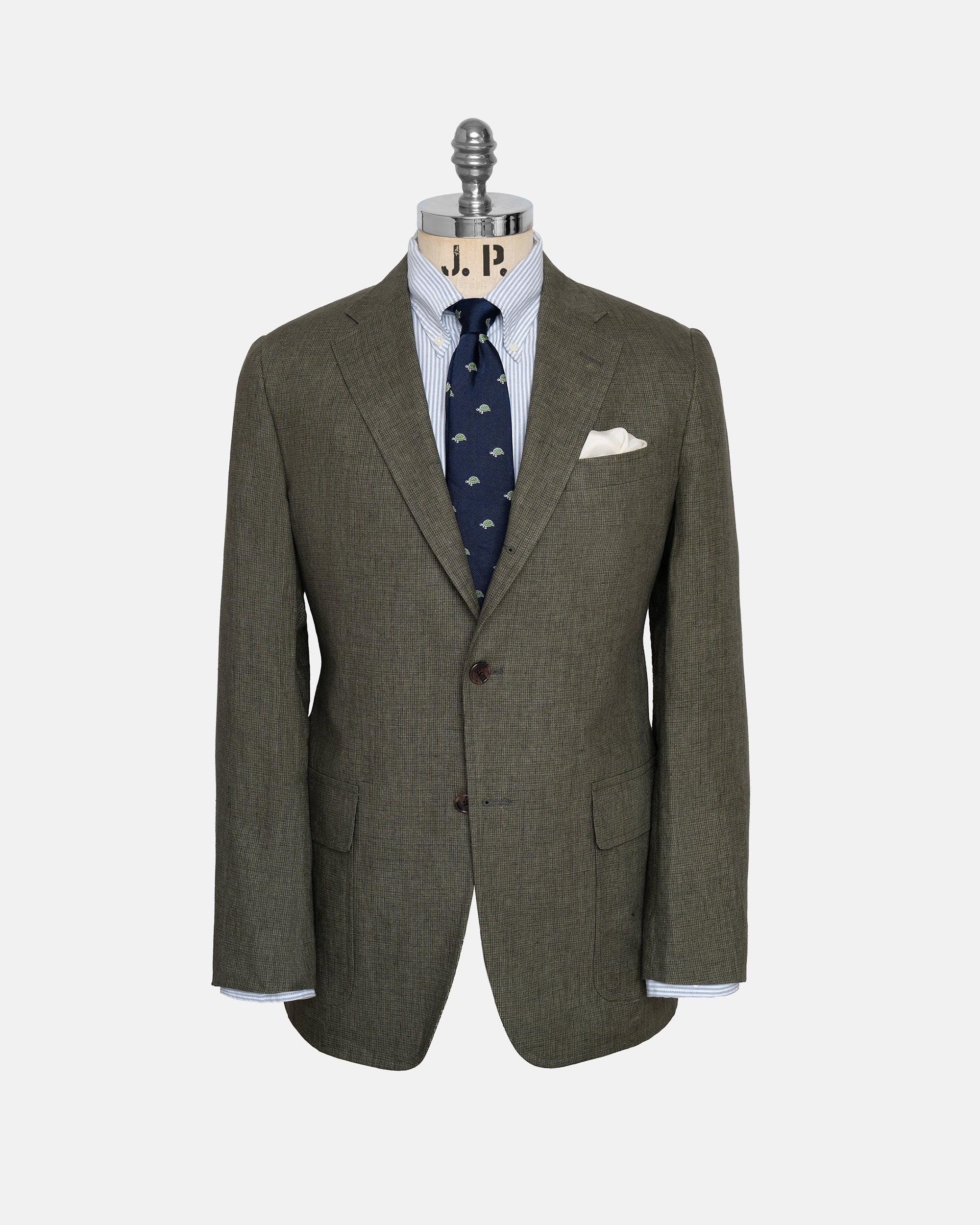 Made-in-USA Olive Mini Houndstooth Linen Sport Coat - Custom Make