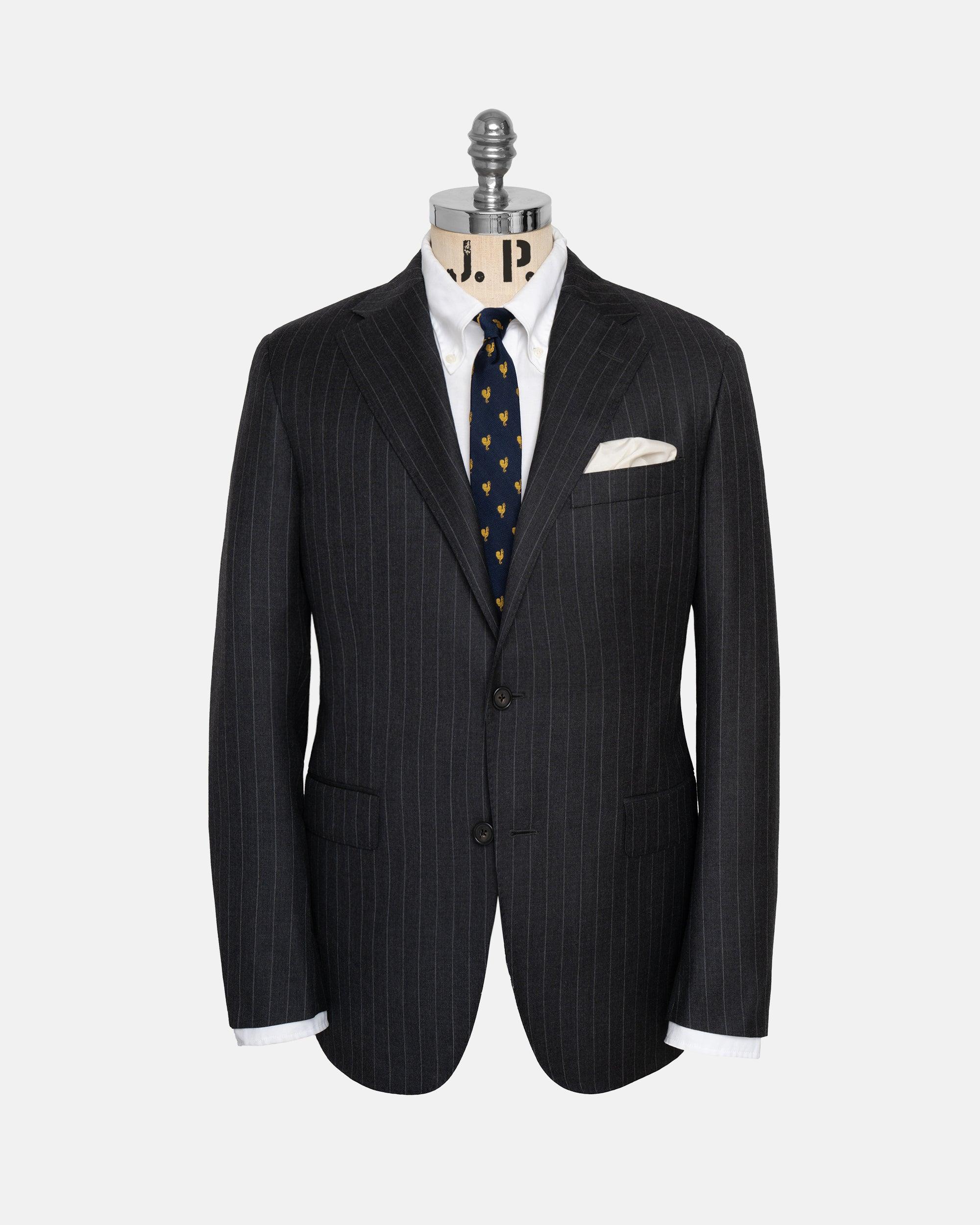Made-in-USA Charcoal Chalkstripe Two-Button Darted Kennedy Model Suit