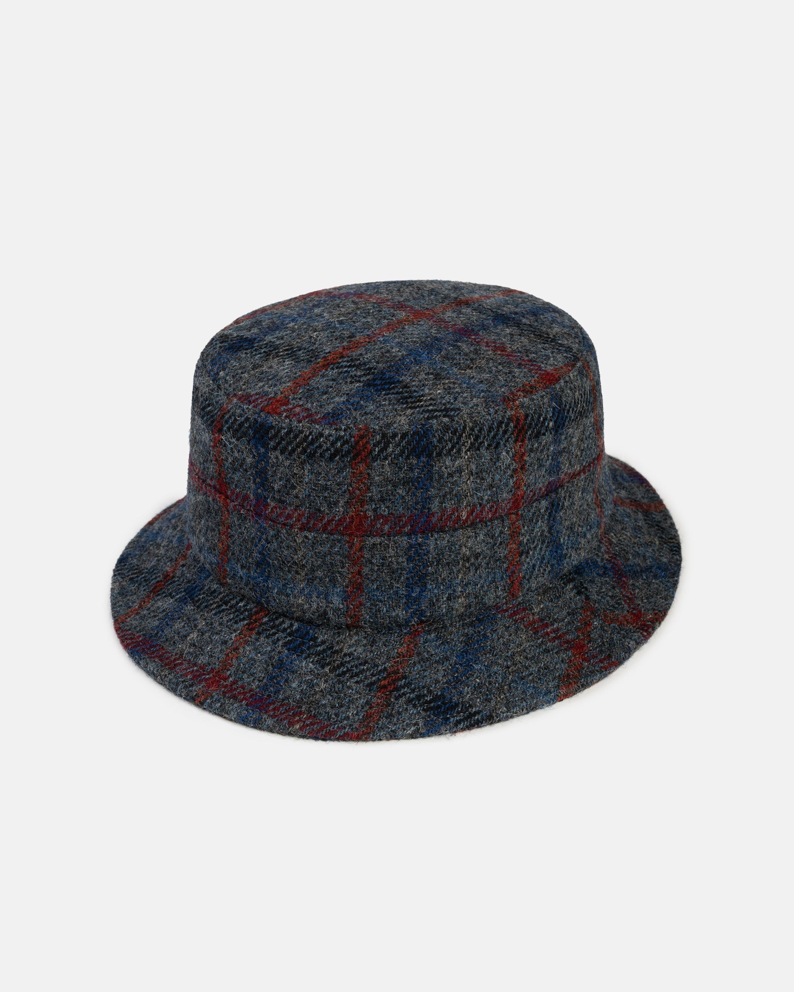 Made-in-Italy Grey Windowpane Harris Tweed Bucket Hat