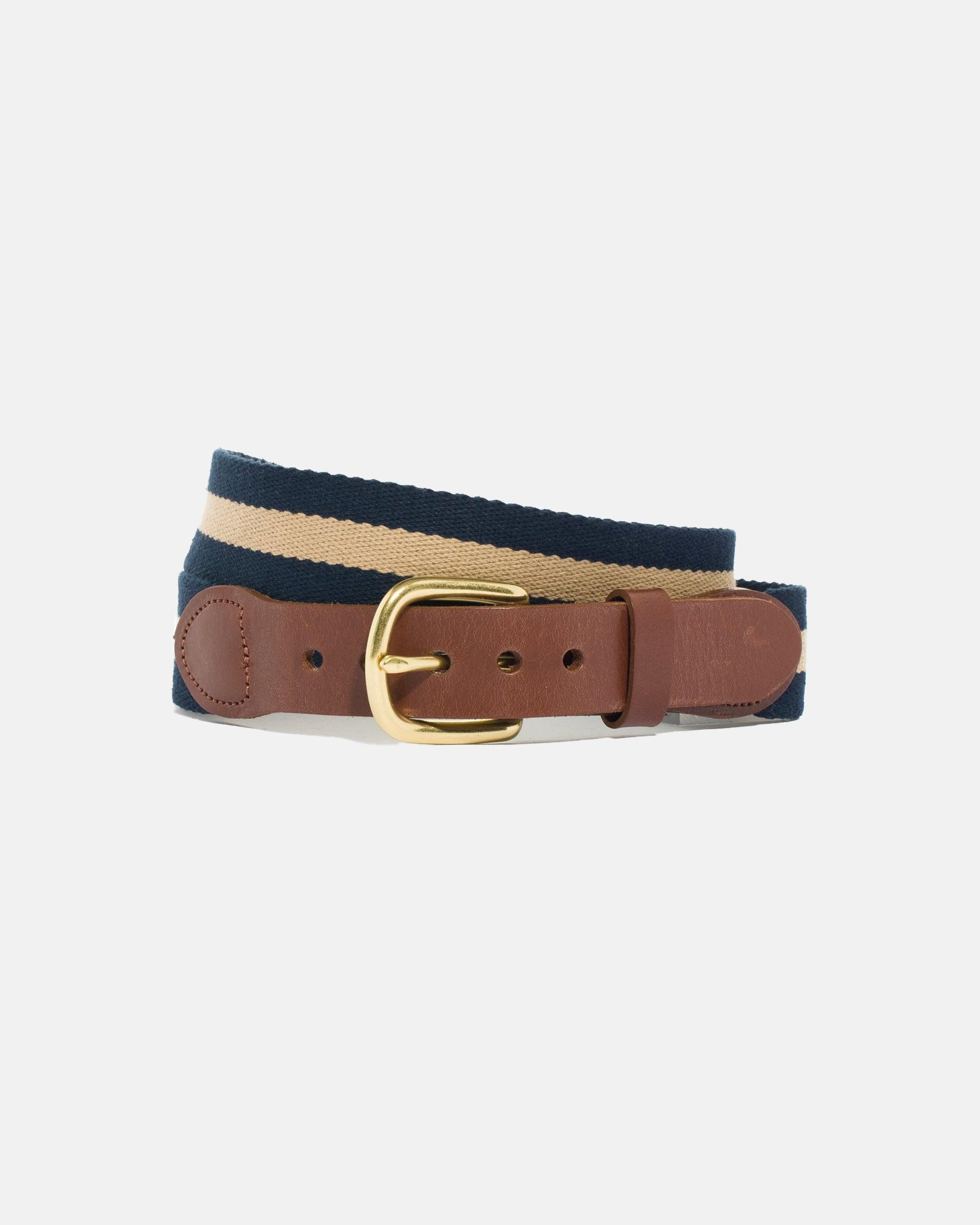 Made-in-USA Navy & Khaki Striped Smooth Belgian Surcingle Belt