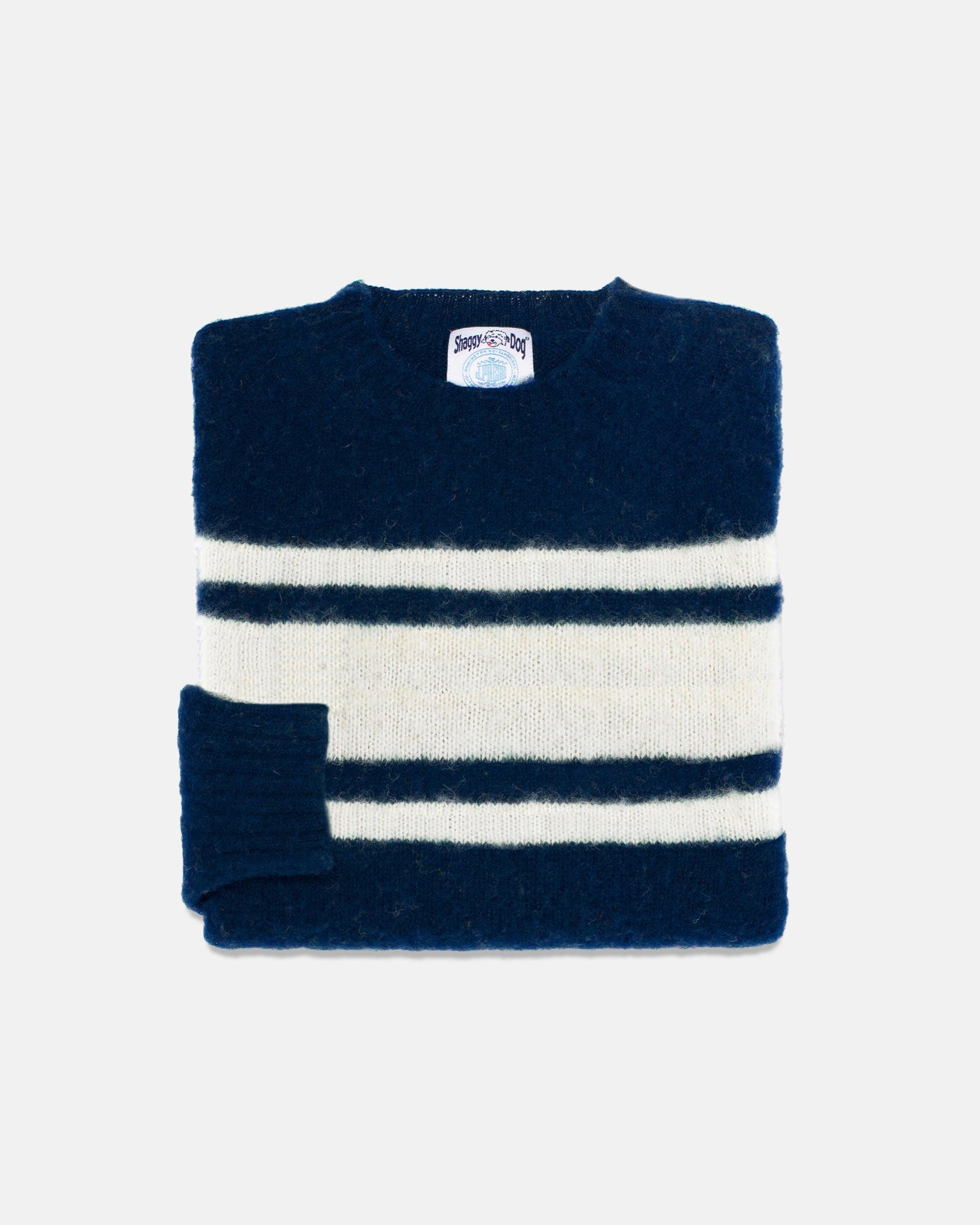 Made-in-Scotland Dark Blue Chest Stripe Shaggy Dog Sweater - Trim Fit