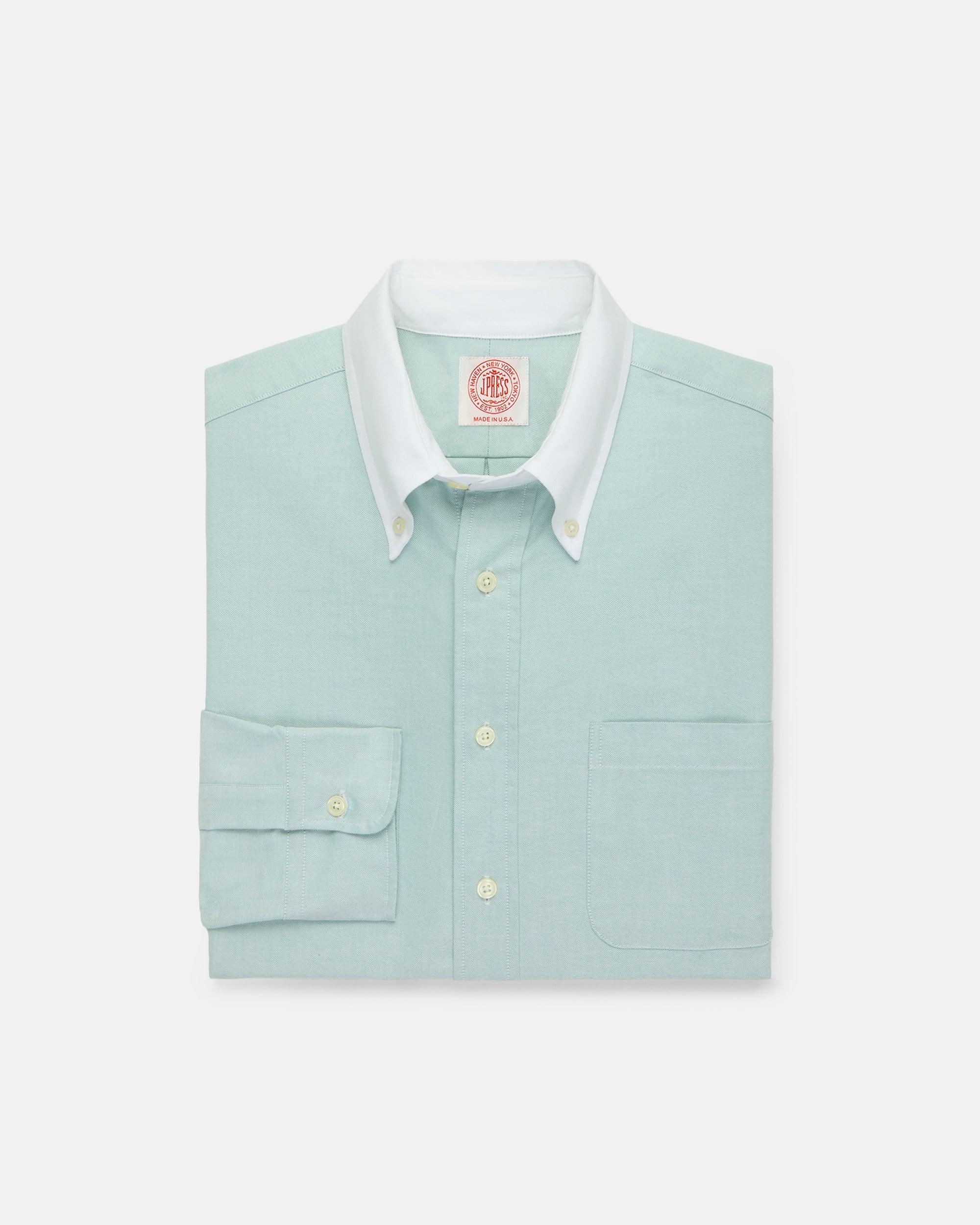 Made-in-USA Green Contrast Collar Oxford Cloth Sport Shirt - Regular Fit