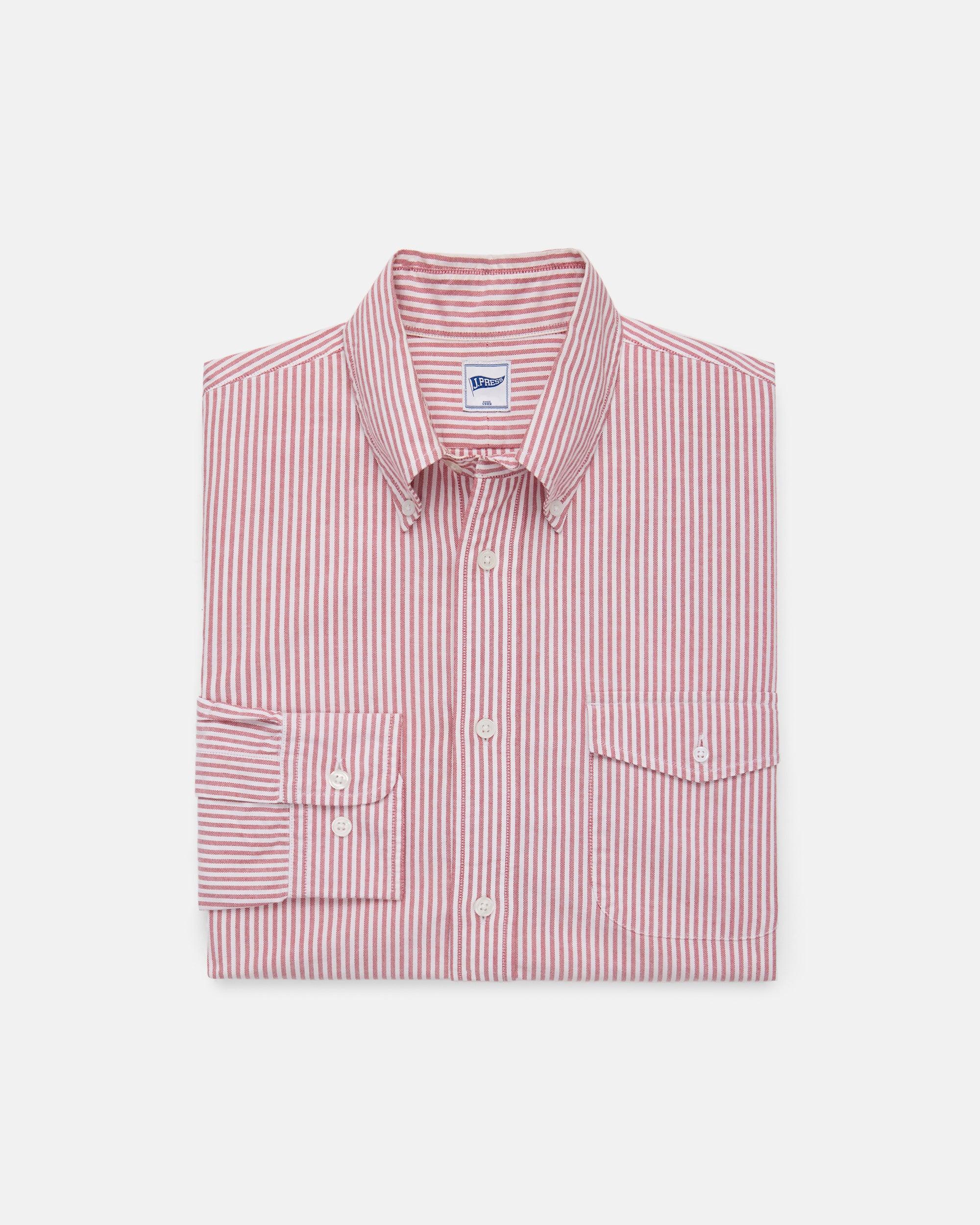 Red Enzyme-Washed Oxford Striped Shirt - Flap Pocket - Trim Fit