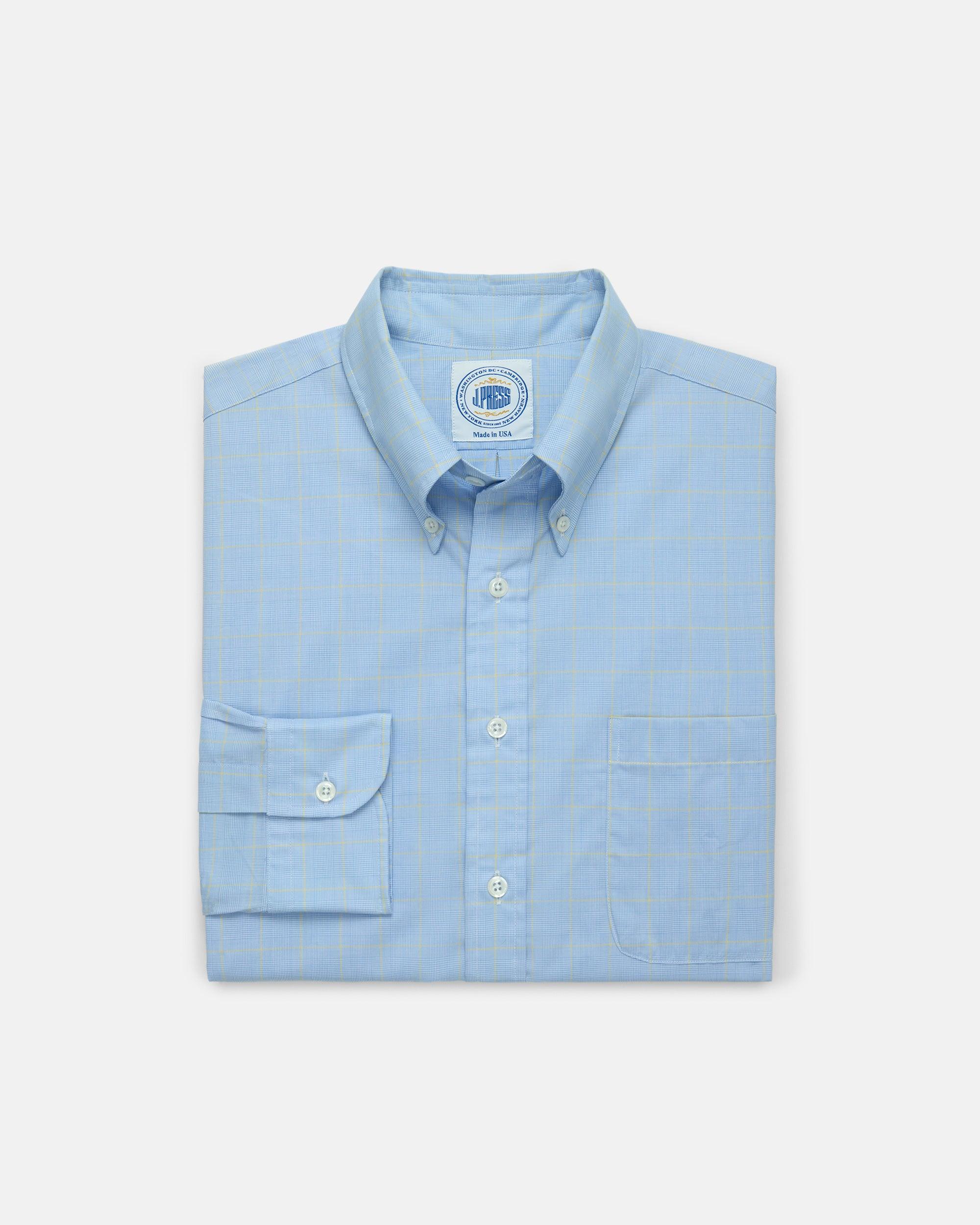 Made-in-USA Thomas Mason Blue & Yellow Glen Plaid Button Down Shirt - Classic Fit