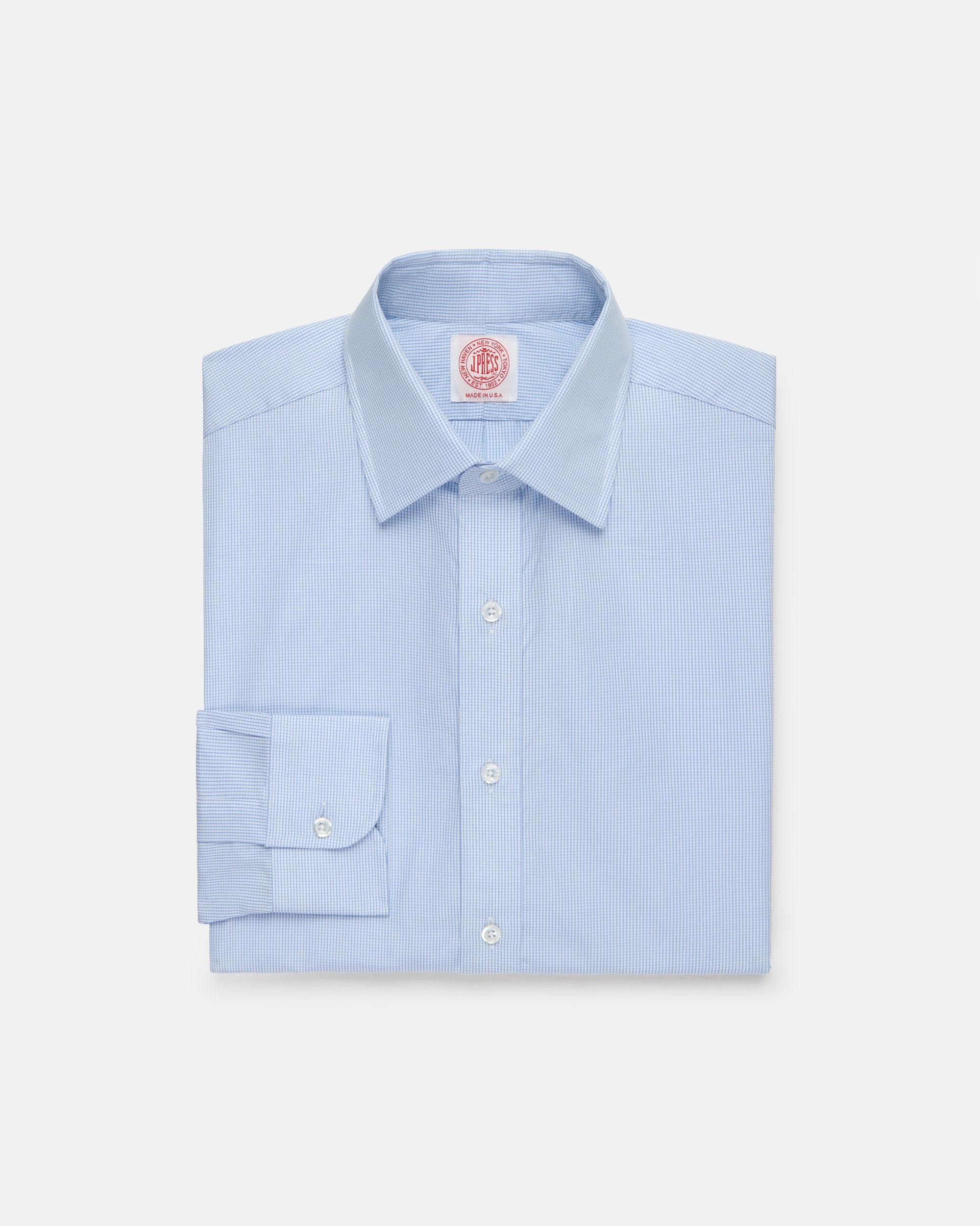 Made-in-USA Thomas Mason Blue Tattersall Spread Collar Dress Shirt - Classic Fit
