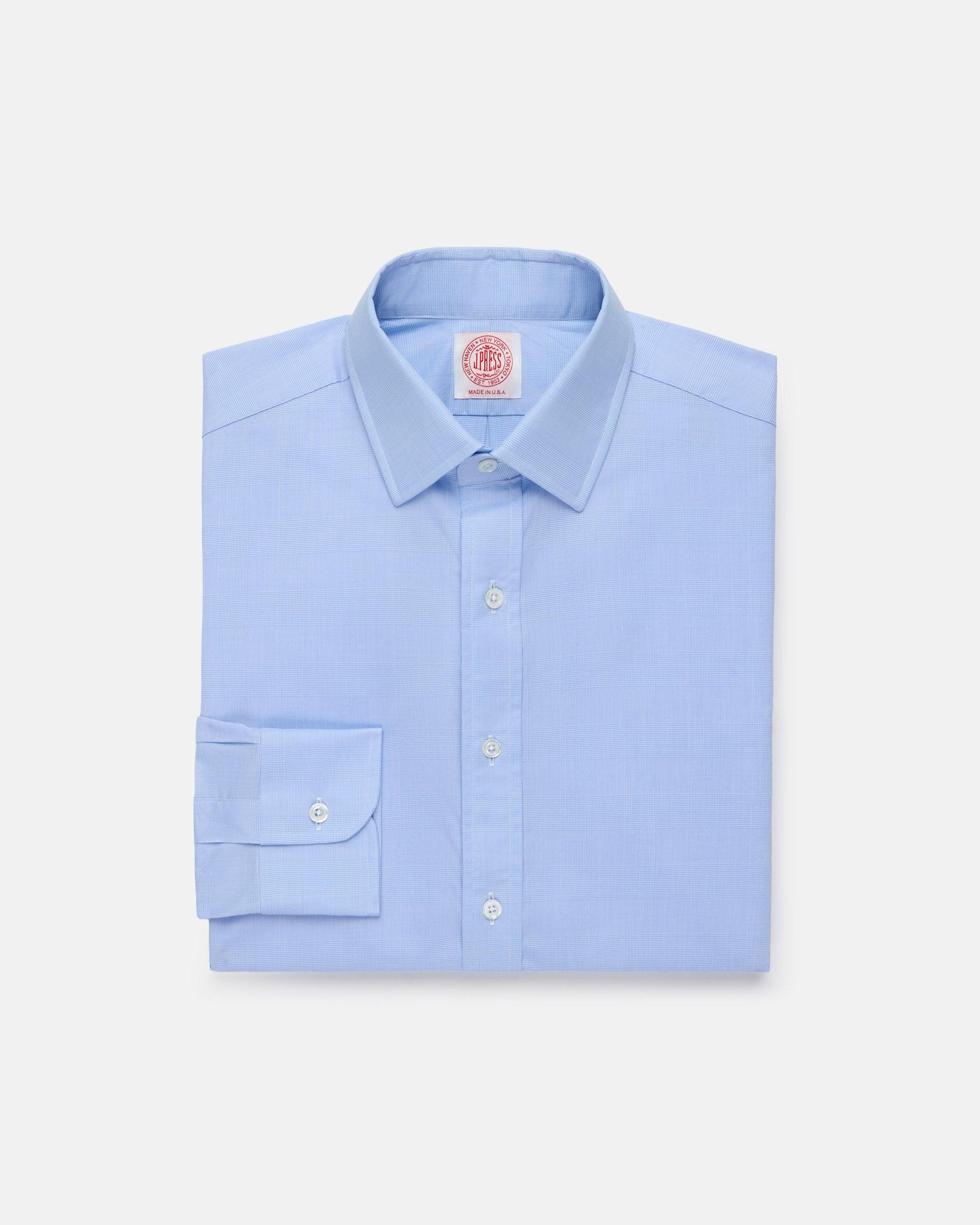 Made-in-USA Thomas Mason Blue Plaid Spread Collar Dress Shirt - Classic Fit