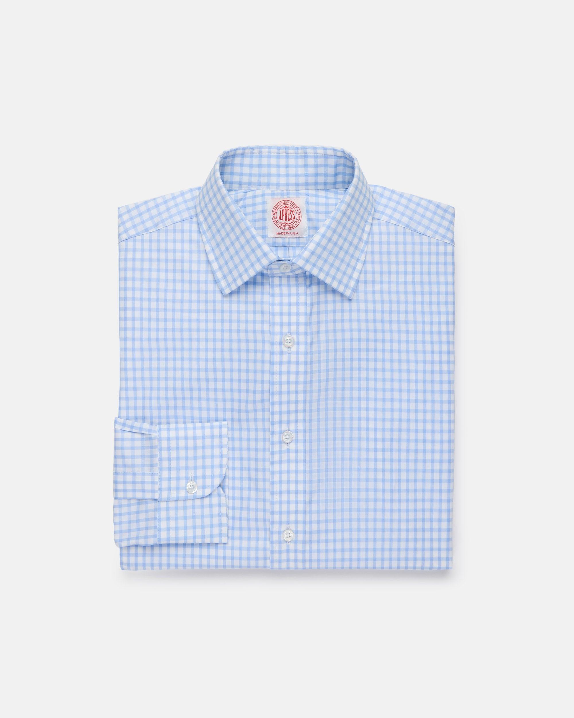 Made-in-USA Thomas Mason Light Blue Large Tattersall Spread Collar Dress Shirt - Classic Fit