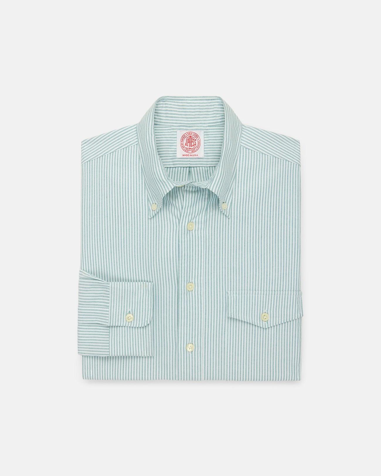 Made-in-USA Flap Pocket Green University Stripe Oxford Cloth Button Down Sportshirt - Classic Fit