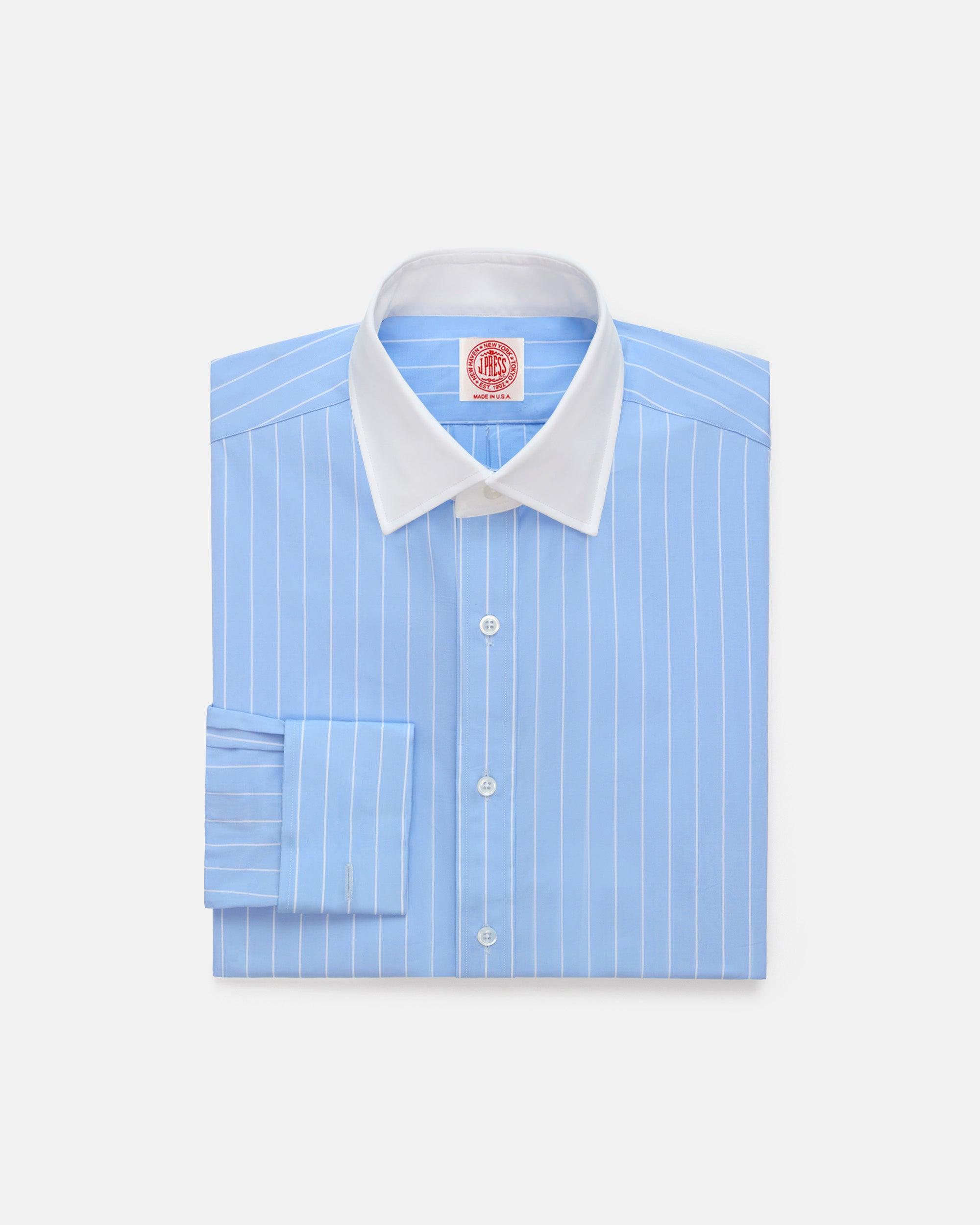 Made-in-USA Thomas Mason Blue & White Stripe Spread Collar French Cuff Dress Shirt - Classic Fit