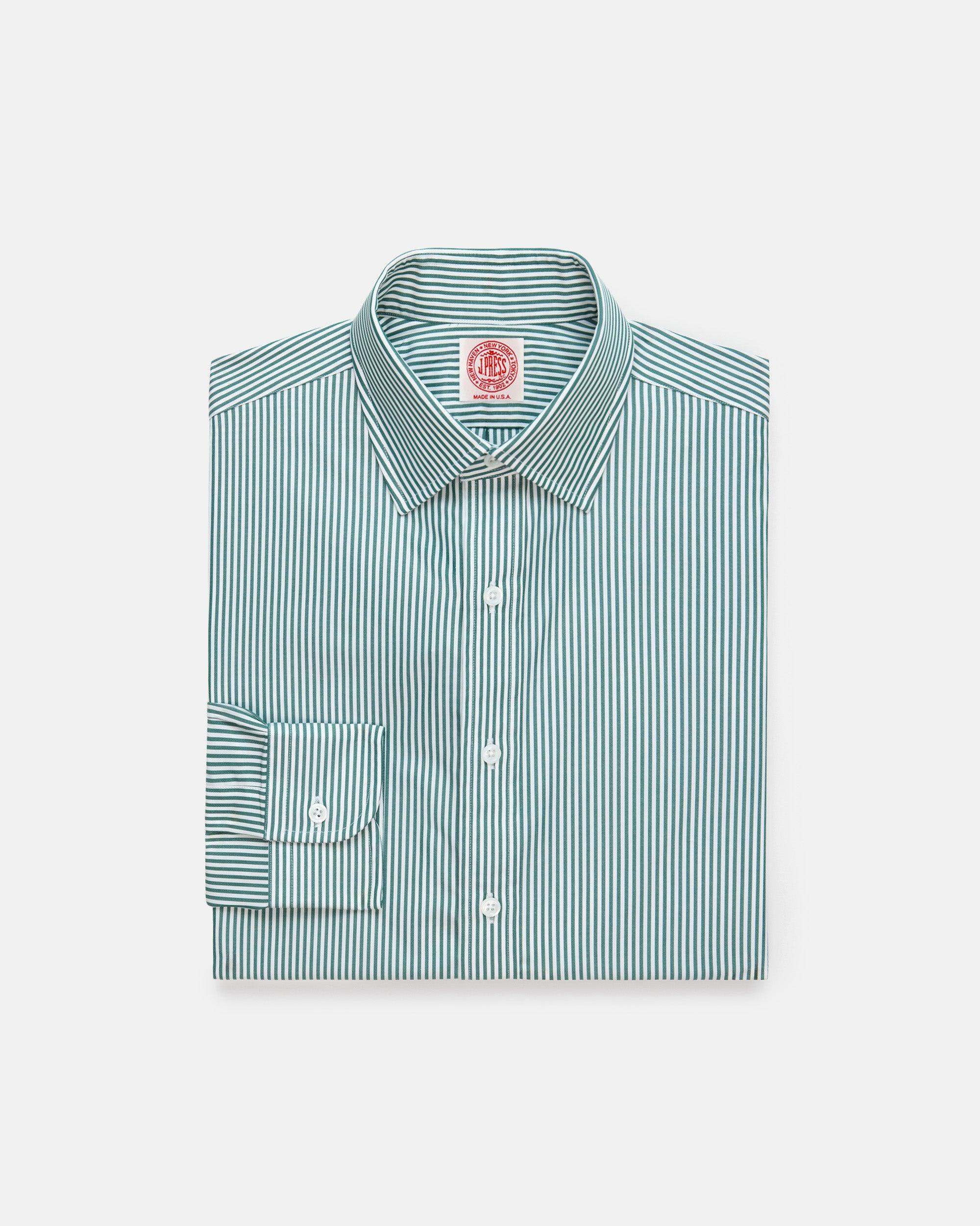 Made-in-USA Thomas Mason Green Bengal Stripe Spread Collar Dress Shirt - Classic Fit