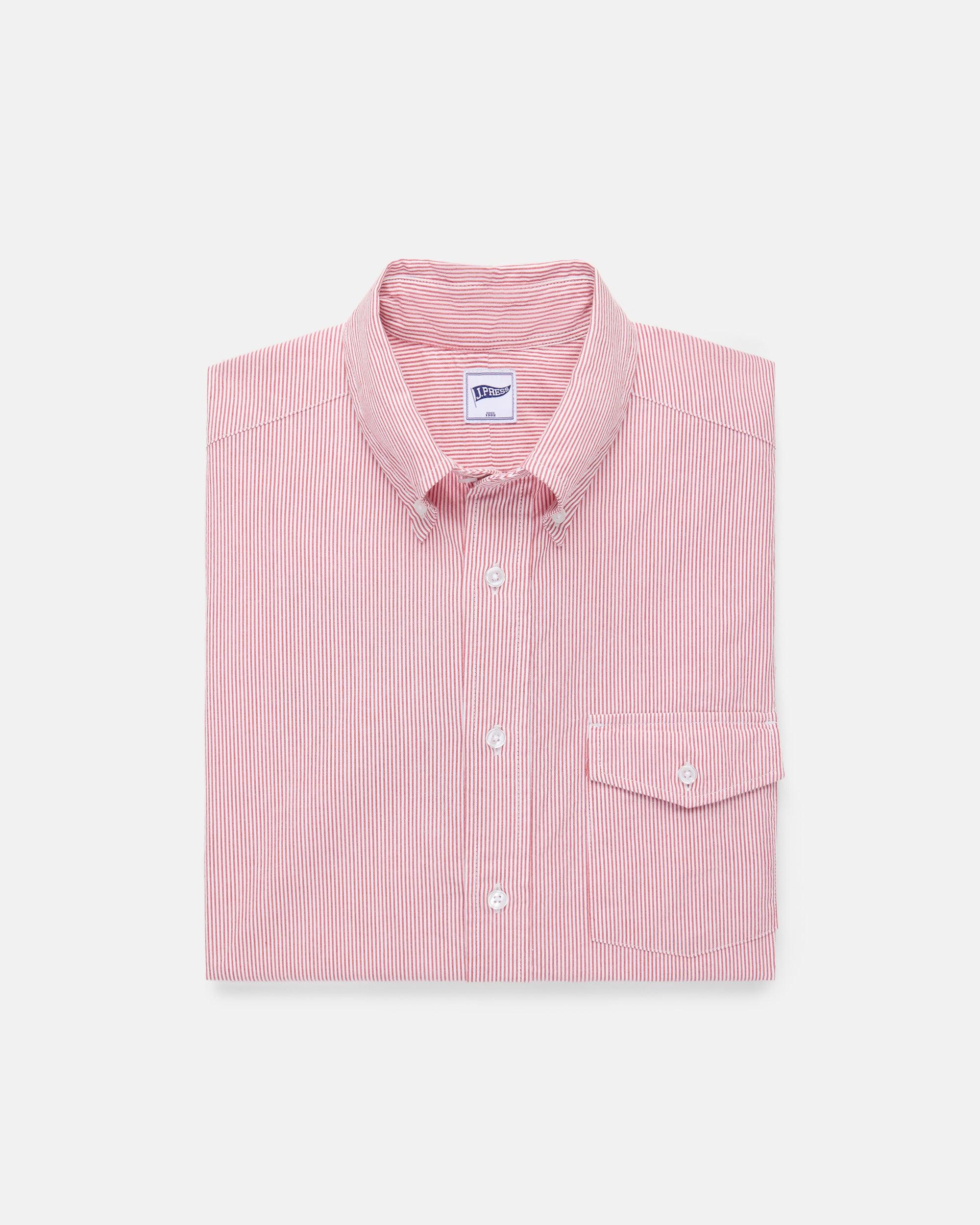 Red & White Trim Fit Short Sleeve Seersucker Sport Shirt