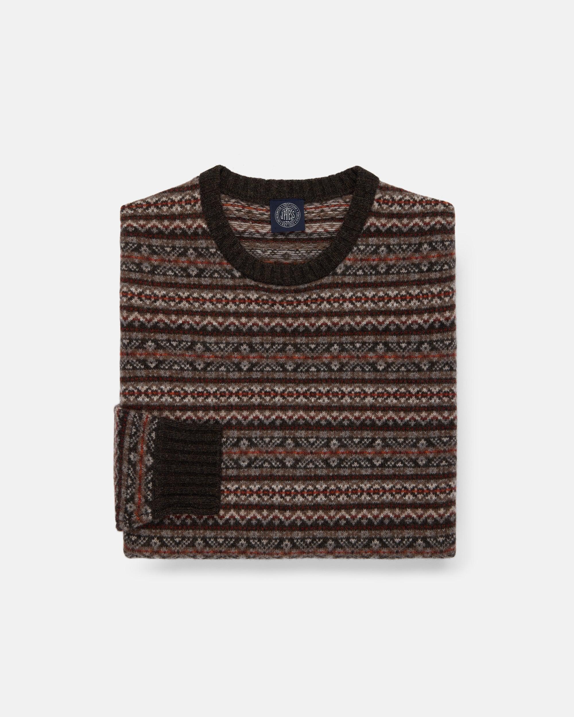 Brown Lambswool Fair Isle Crewneck Sweater - Trim Fit
