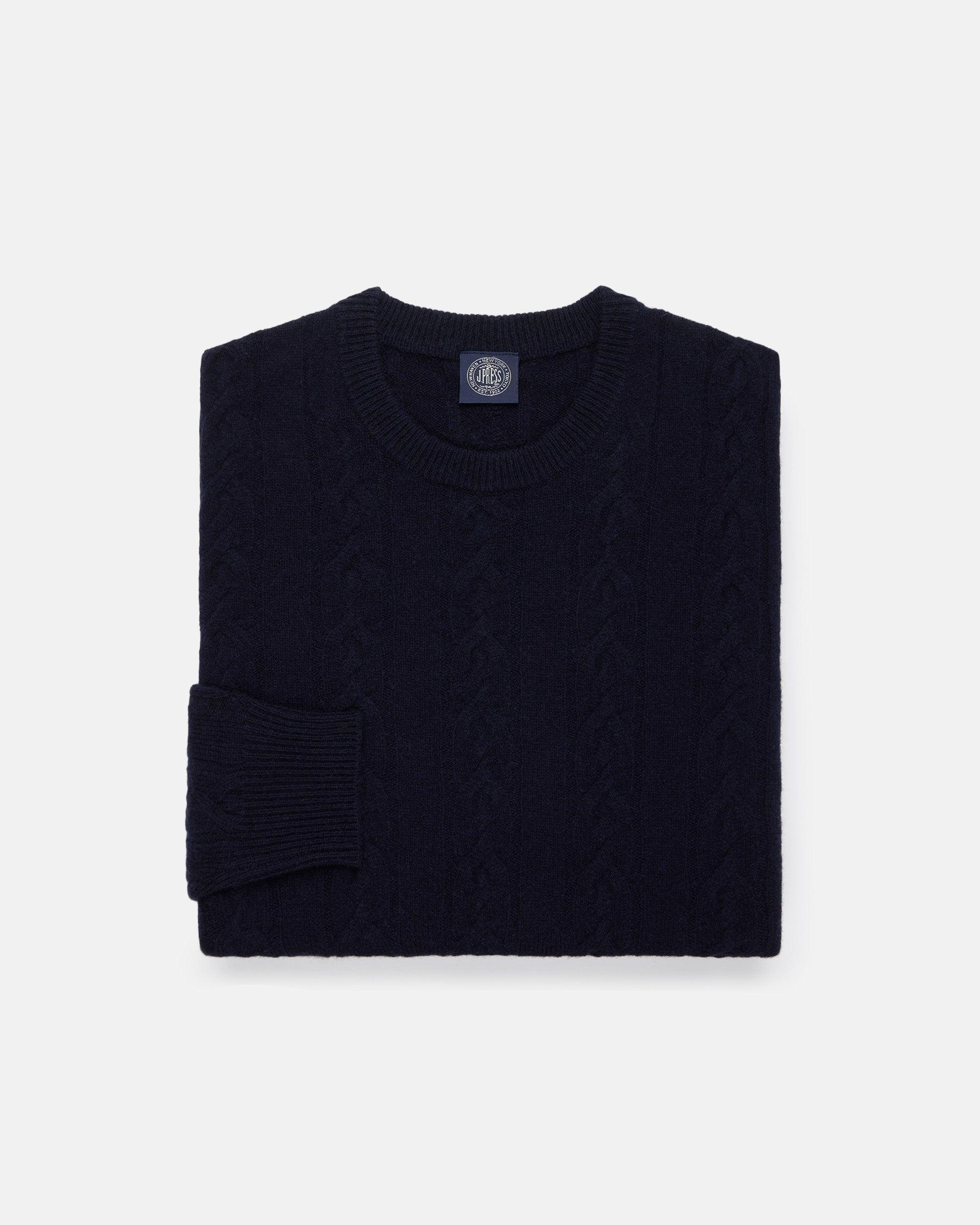 Navy Lambswool Cable Crewneck Sweater