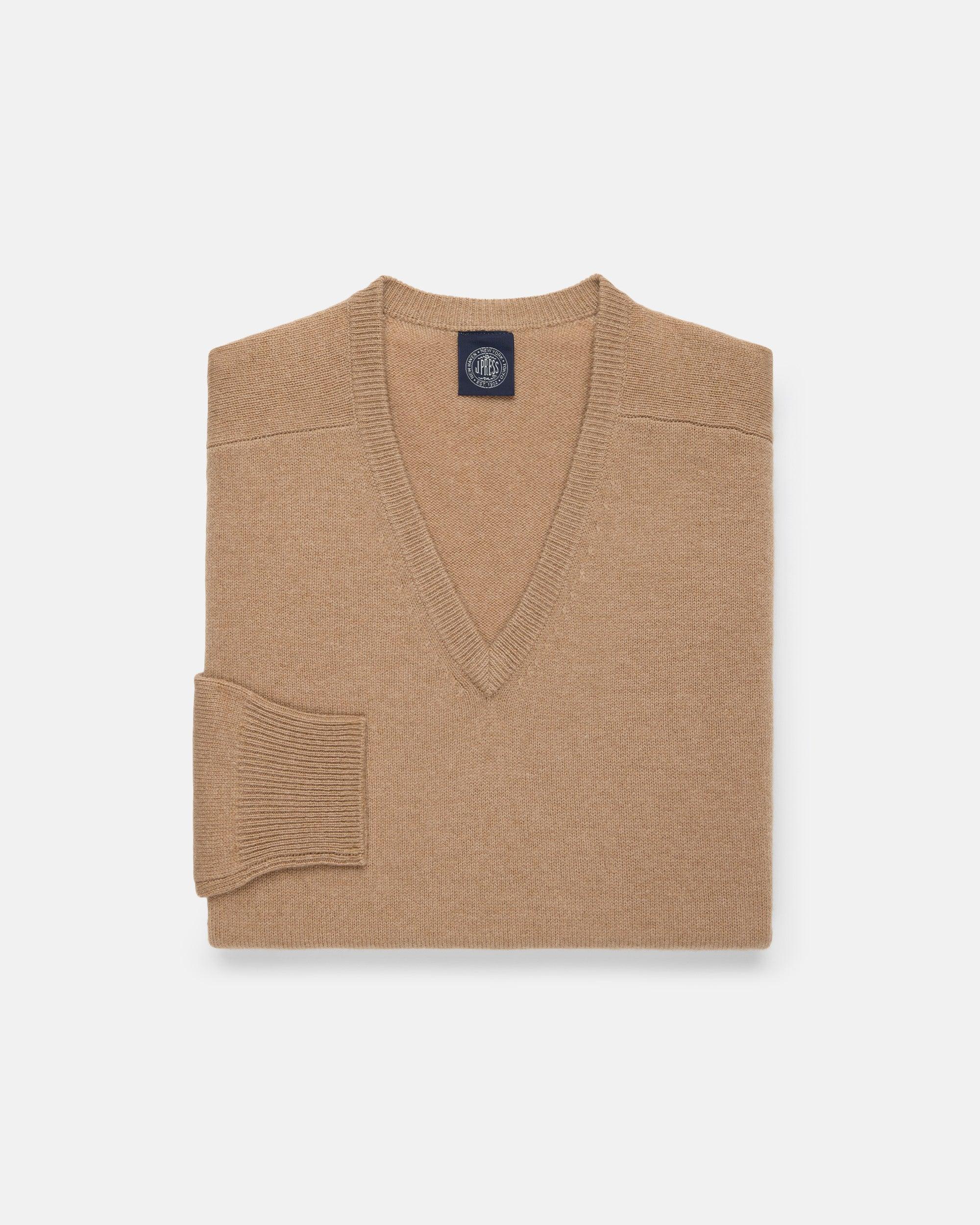 Camel Lambswool V-neck Sweater