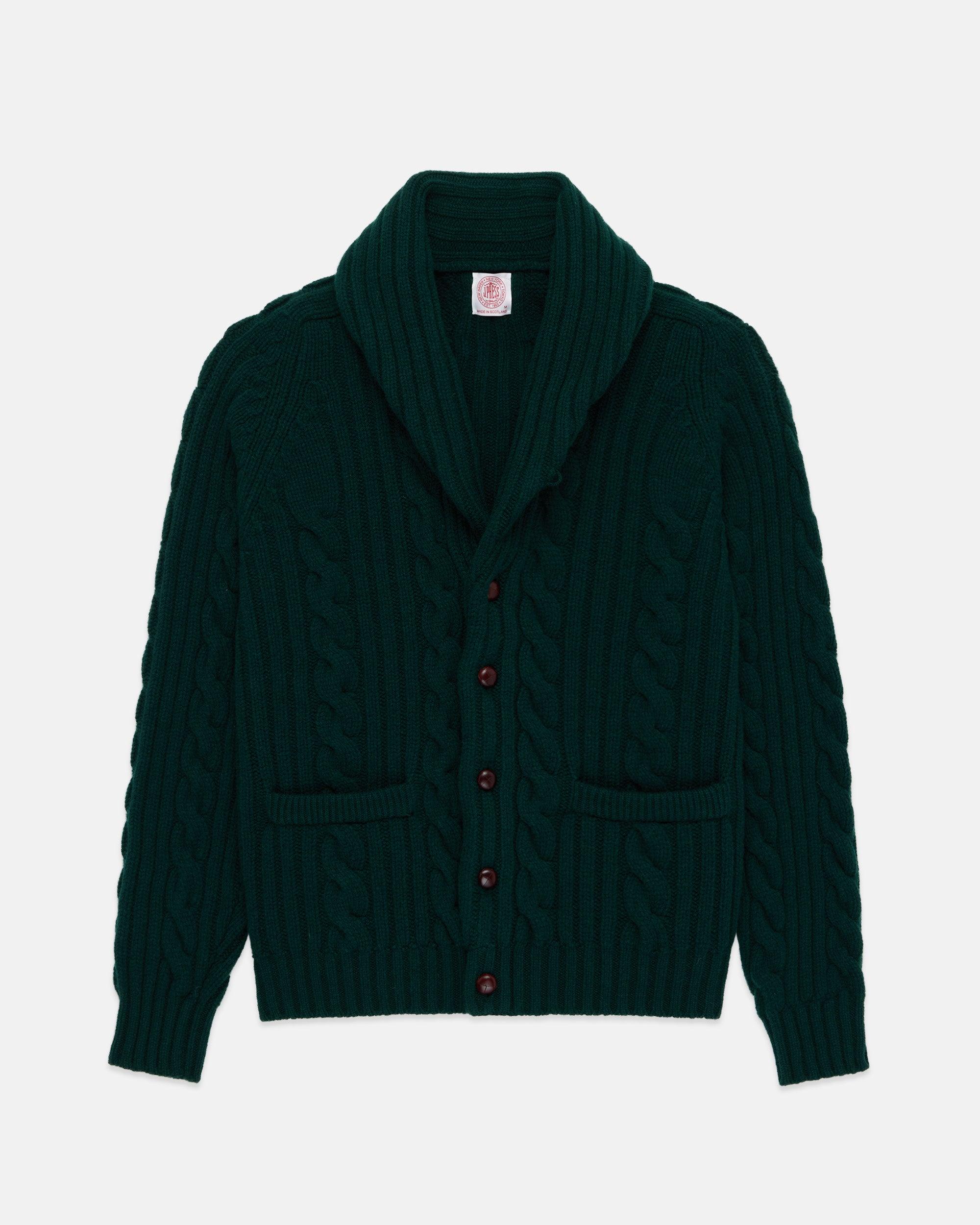 Made-in-Scotland Green Shawl Collar Cable Knit Cardigan