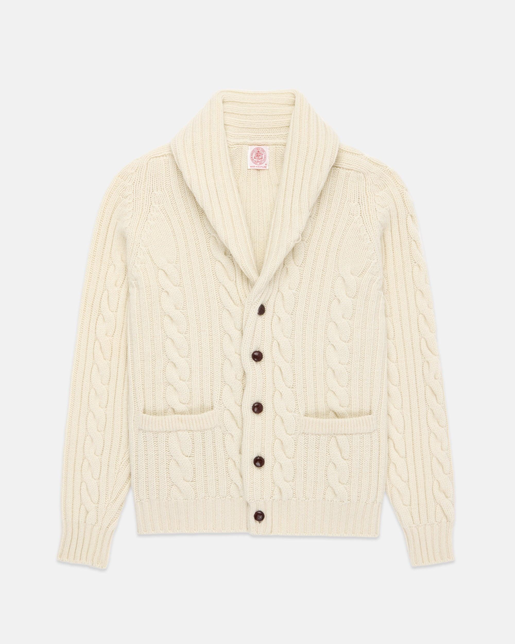 Made-in-Scotland Natural Shawl Collar Cable Knit Cardigan