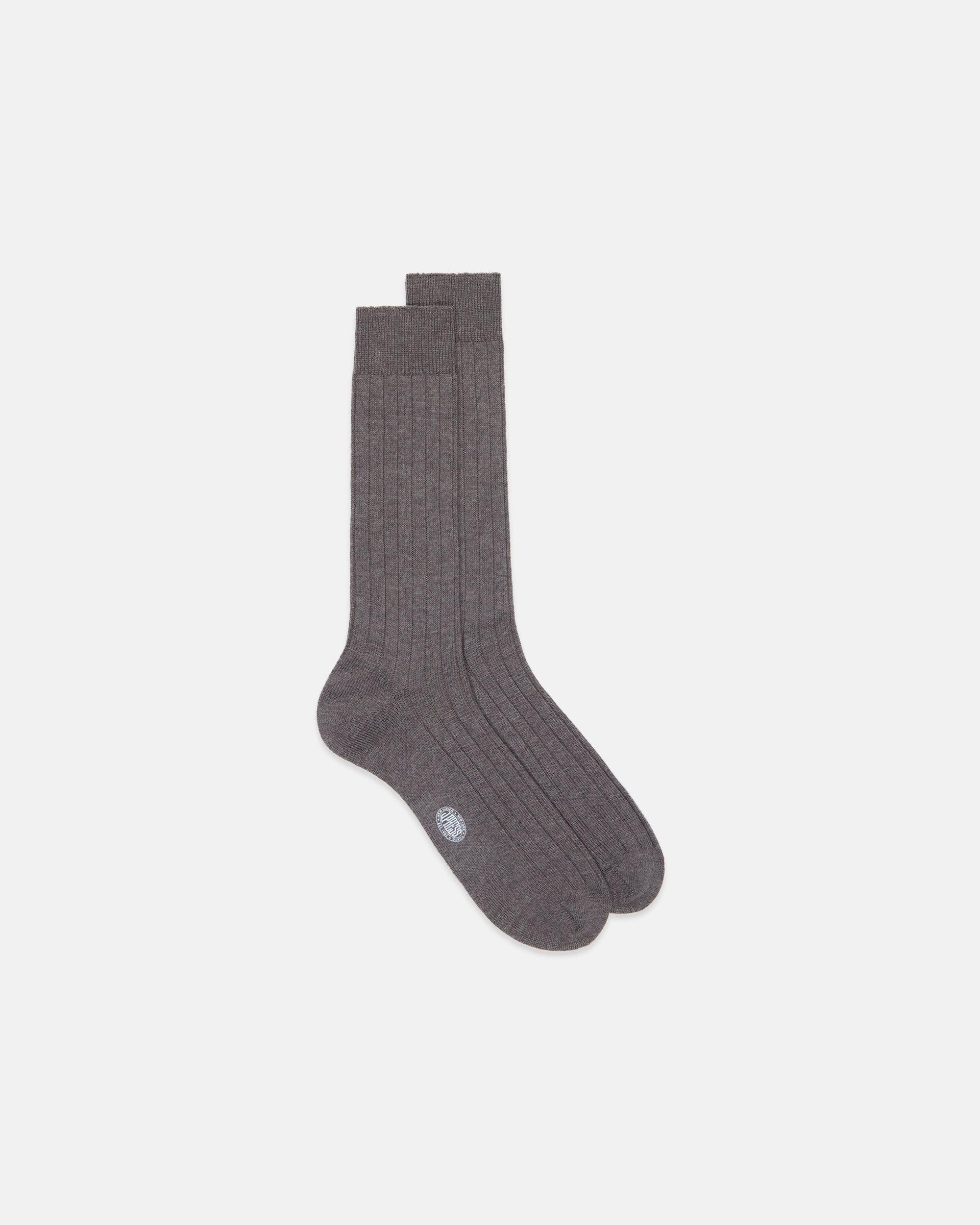 Made-in-Italy Brown Marl Mid-calf Ribbed Wool Socks