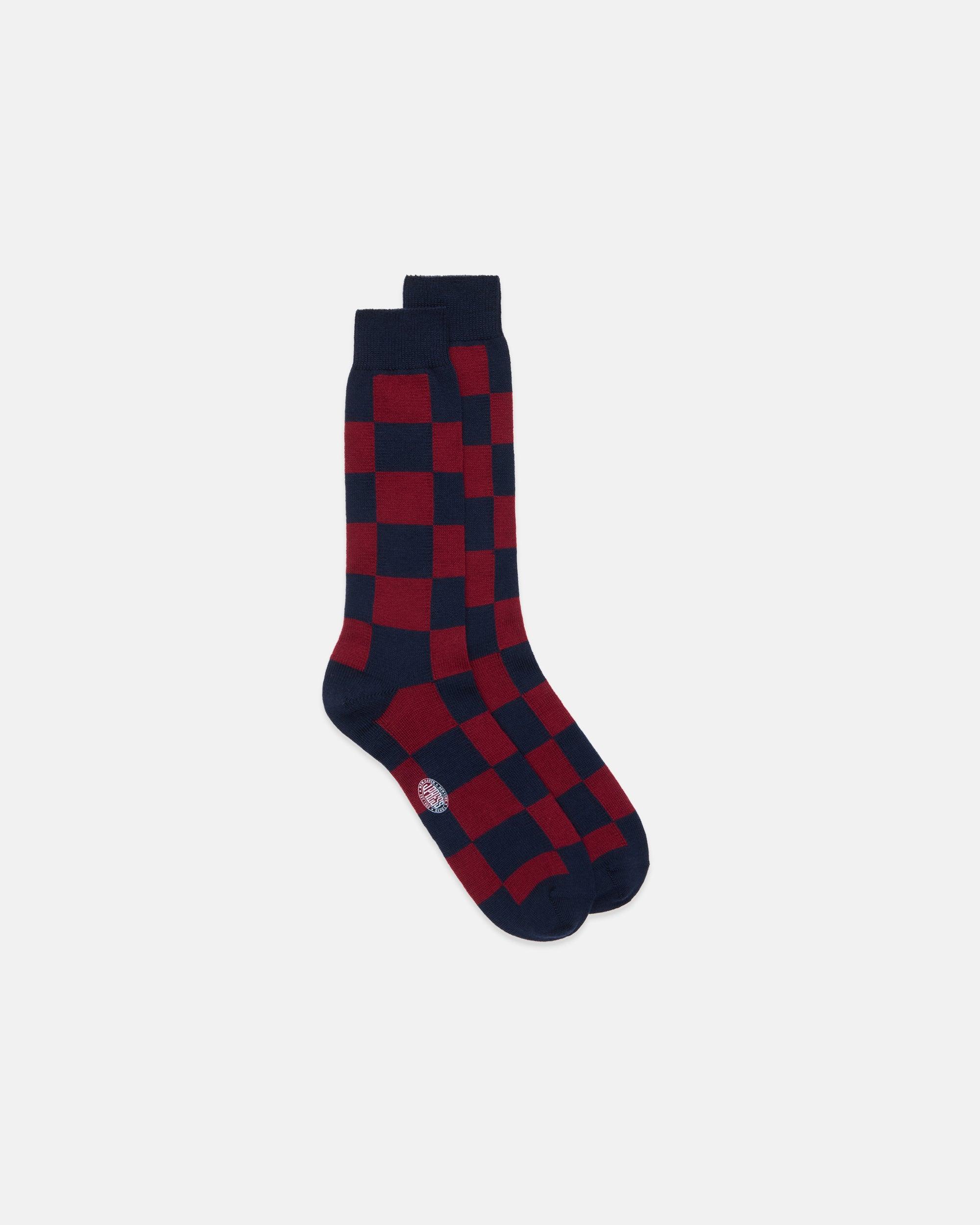 J. PRESS Made-in-Italy Navy & Burgundy Checkerboard Mid-calf Wool Socks