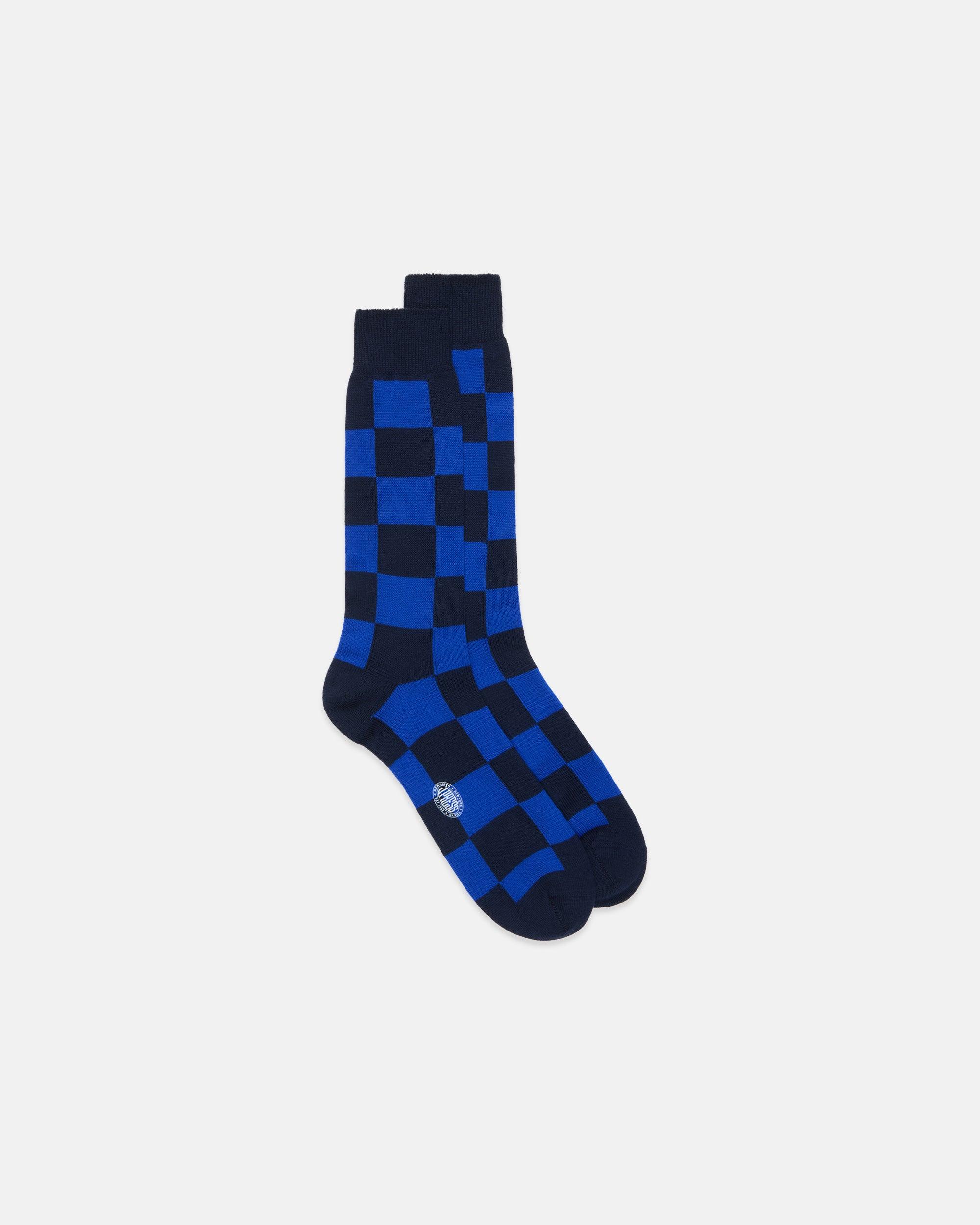 Made-in-Italy Navy & Blue Checkerboard Mid-calf Wool Socks