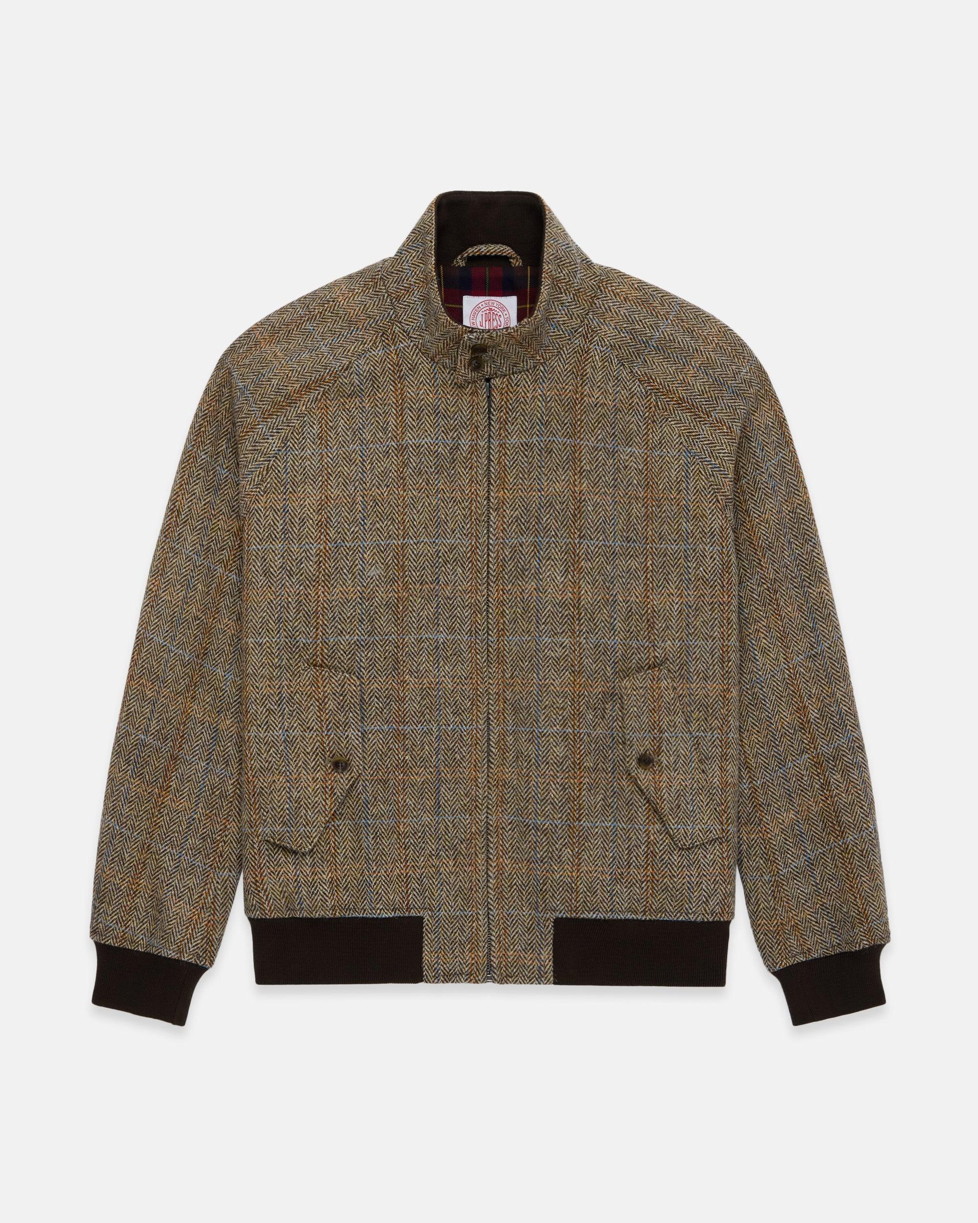Made-in-England Light Brown Herringbone Harris Tweed Harrington Jacket