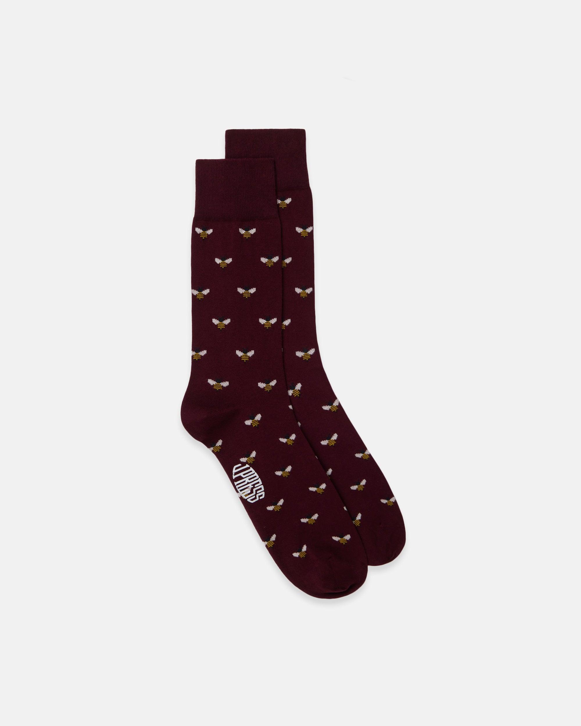 Made-in-UK Burgundy Bees Motif Cotton Socks