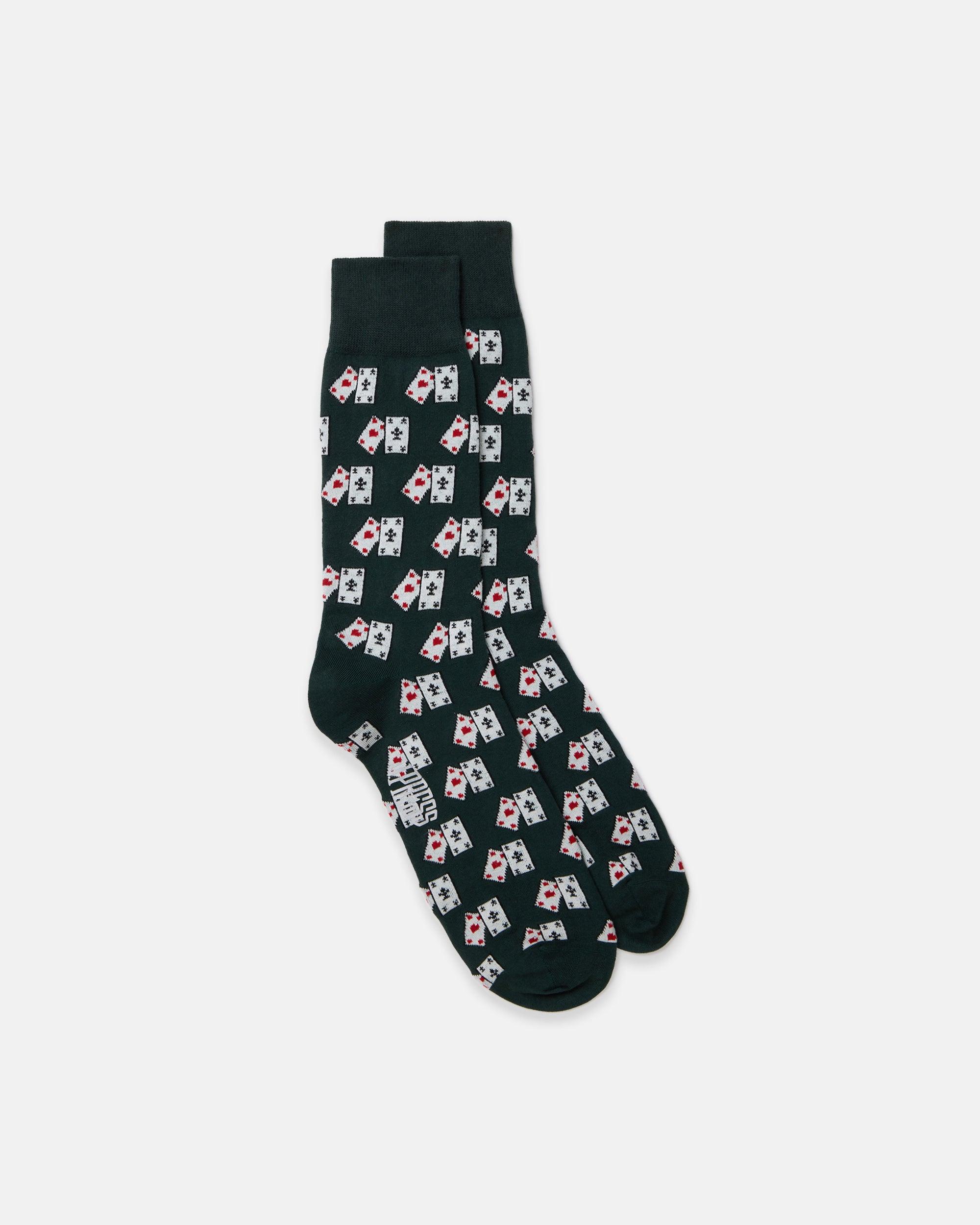 Made-in-UK Dark Green Cards Motif Cotton Socks