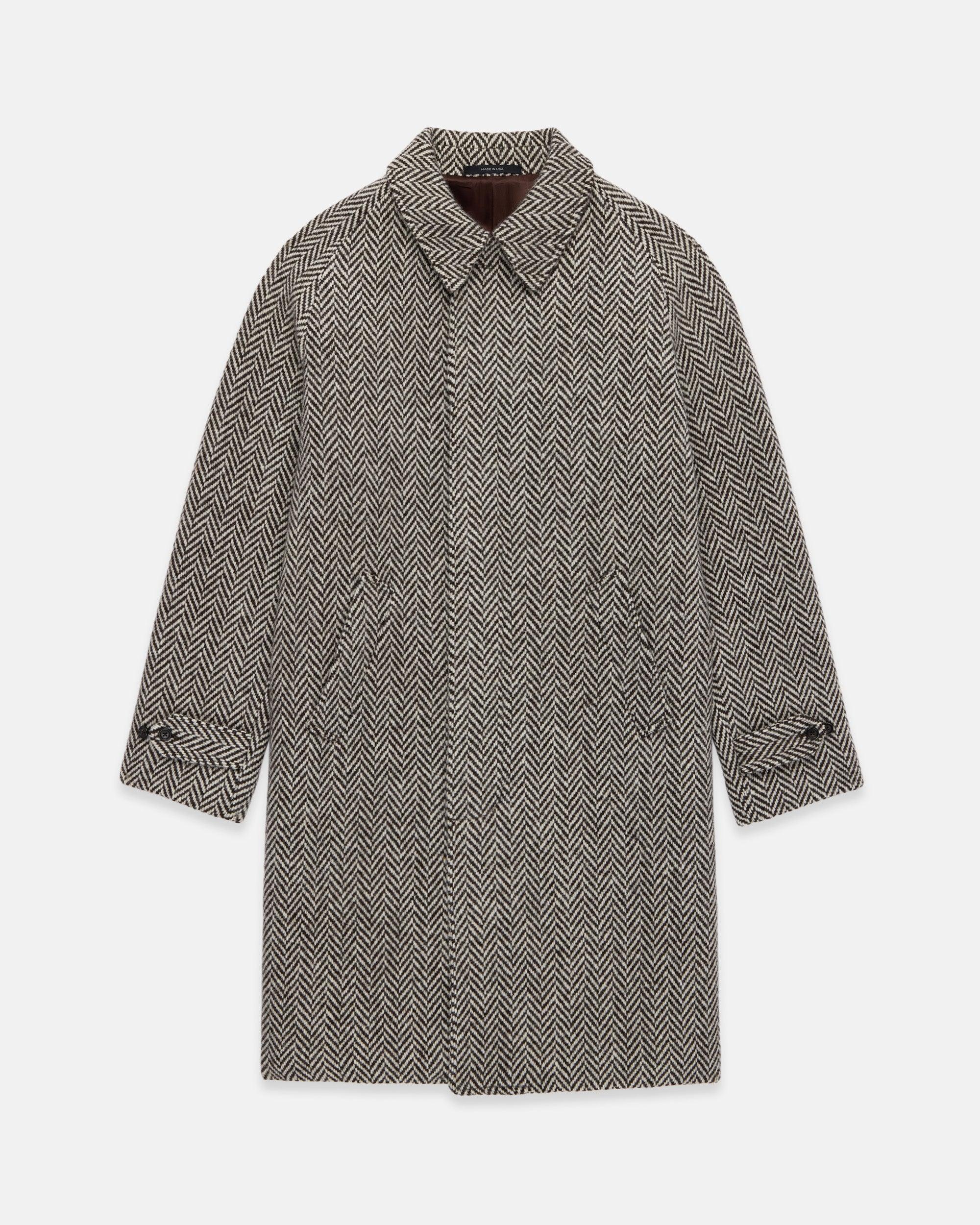 Made-in-USA Black & White Herringbone Tweed Balmacaan