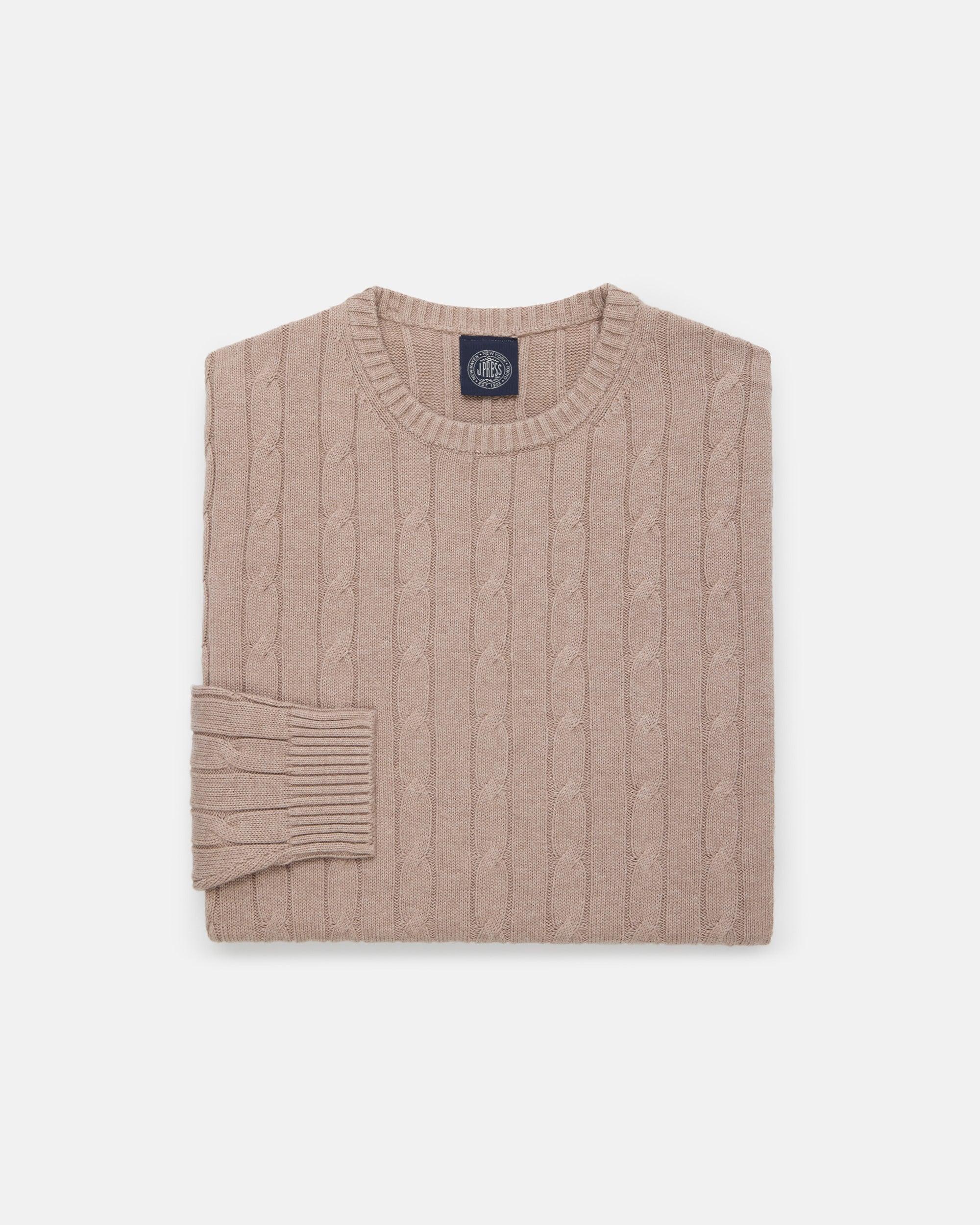 Light Brown Cotton-Cashmere Cable Crewneck Sweater