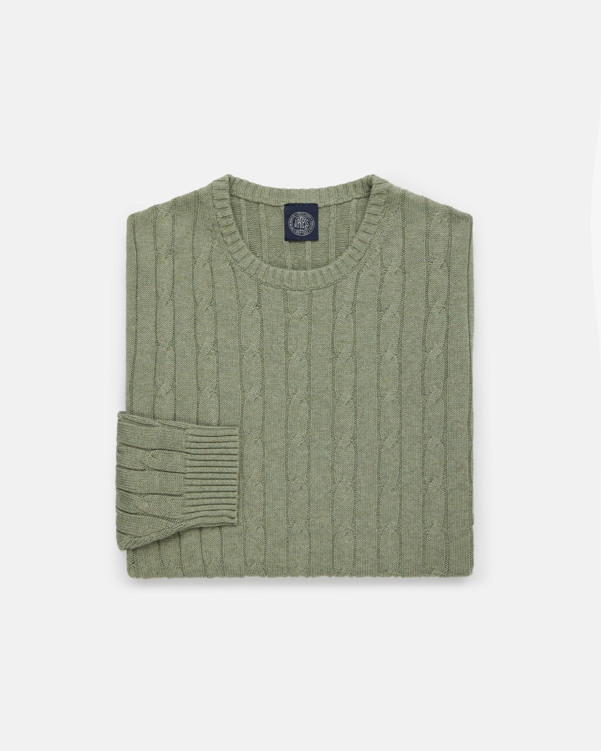 Olive Cotton-Cashmere Cable Crewneck Sweater