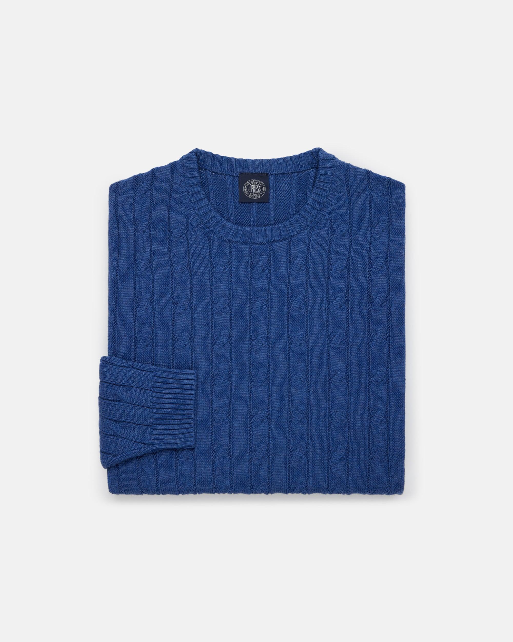 Indigo Cotton-Cashmere Cable Crewneck Sweater