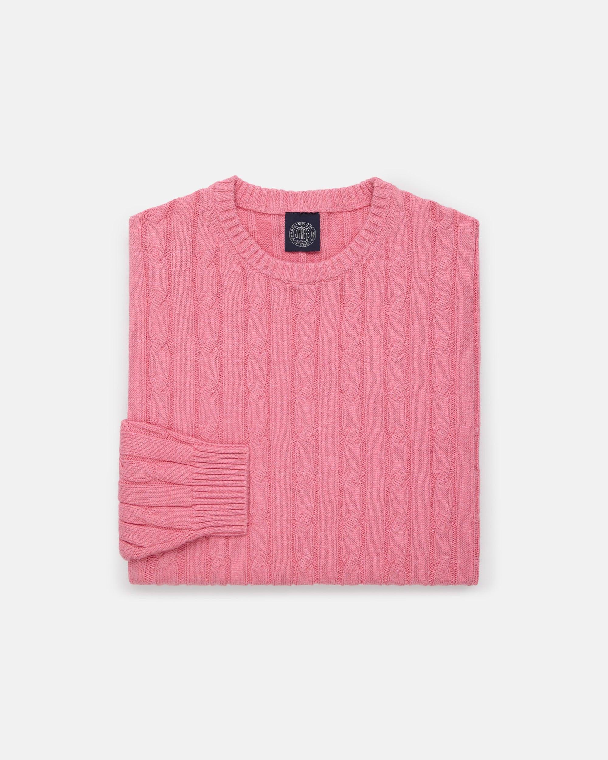Pink Cotton-Cashmere Cable Crewneck Sweater