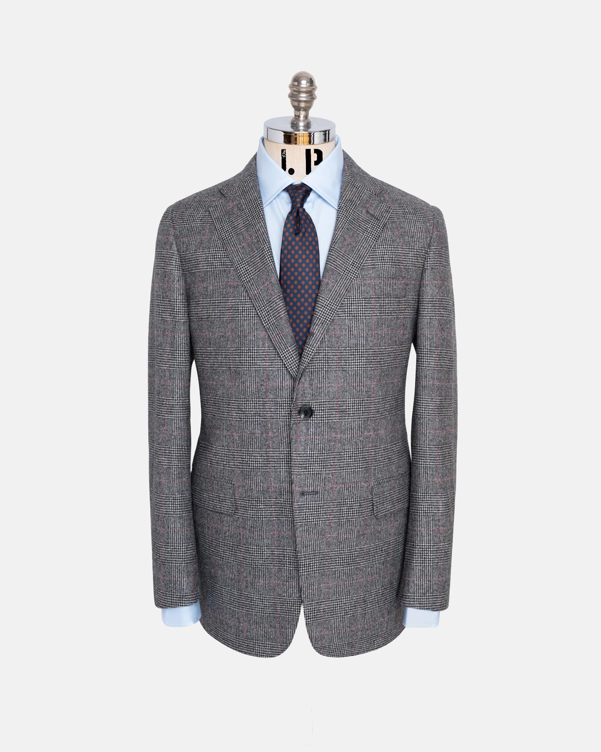 Made-in-USA Black & White Prince of Wales Plaid with Red Window Fox Flannel Ivy Model Suit