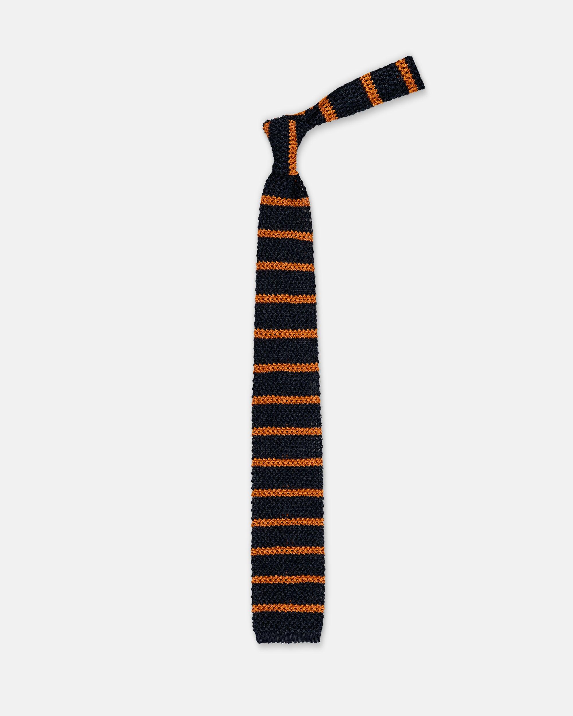 Made-in-Italy Navy & Orange Bar Stripe Silk Knit Tie