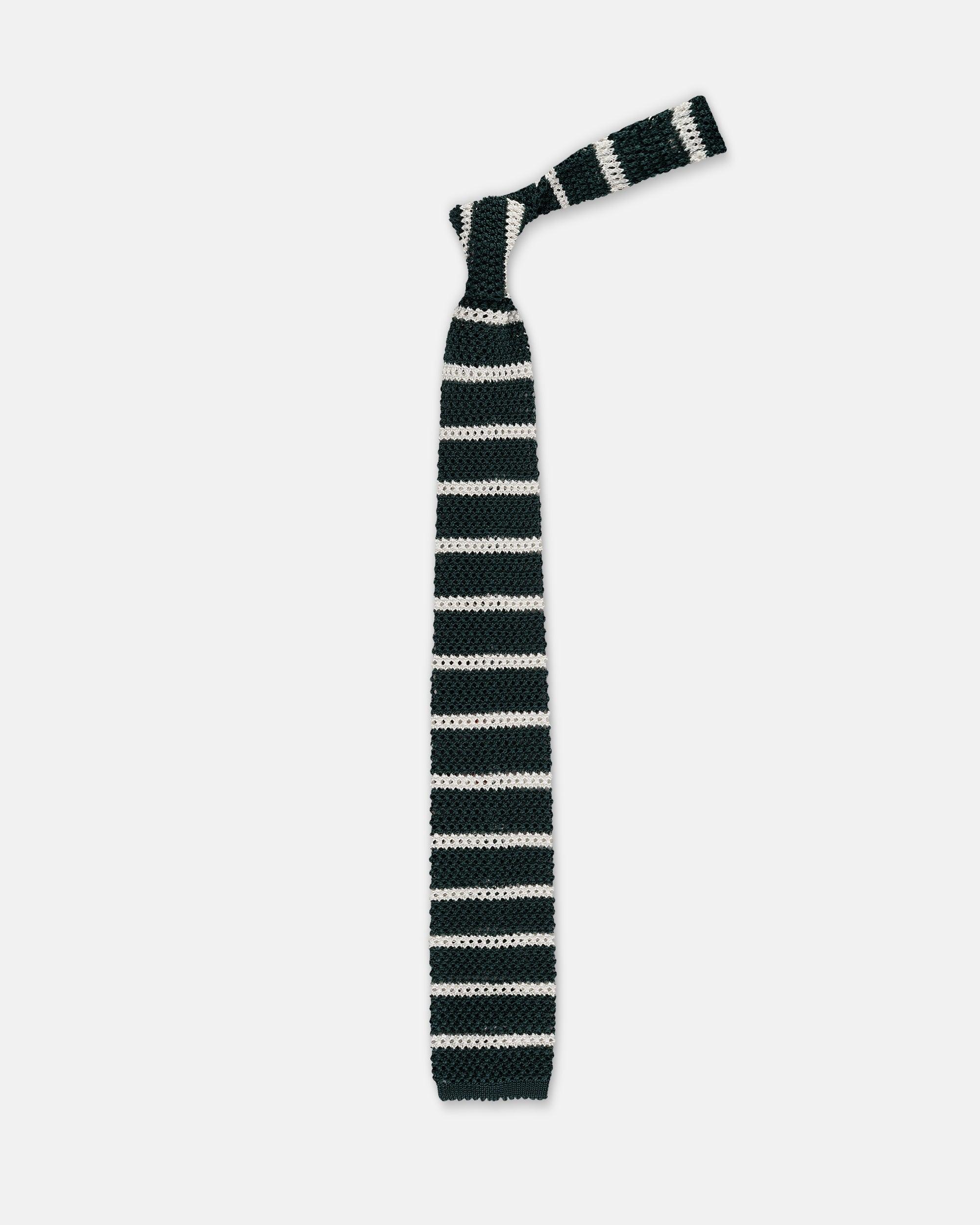 Made-in-Italy Green & White Bar Stripe Silk Knit Tie