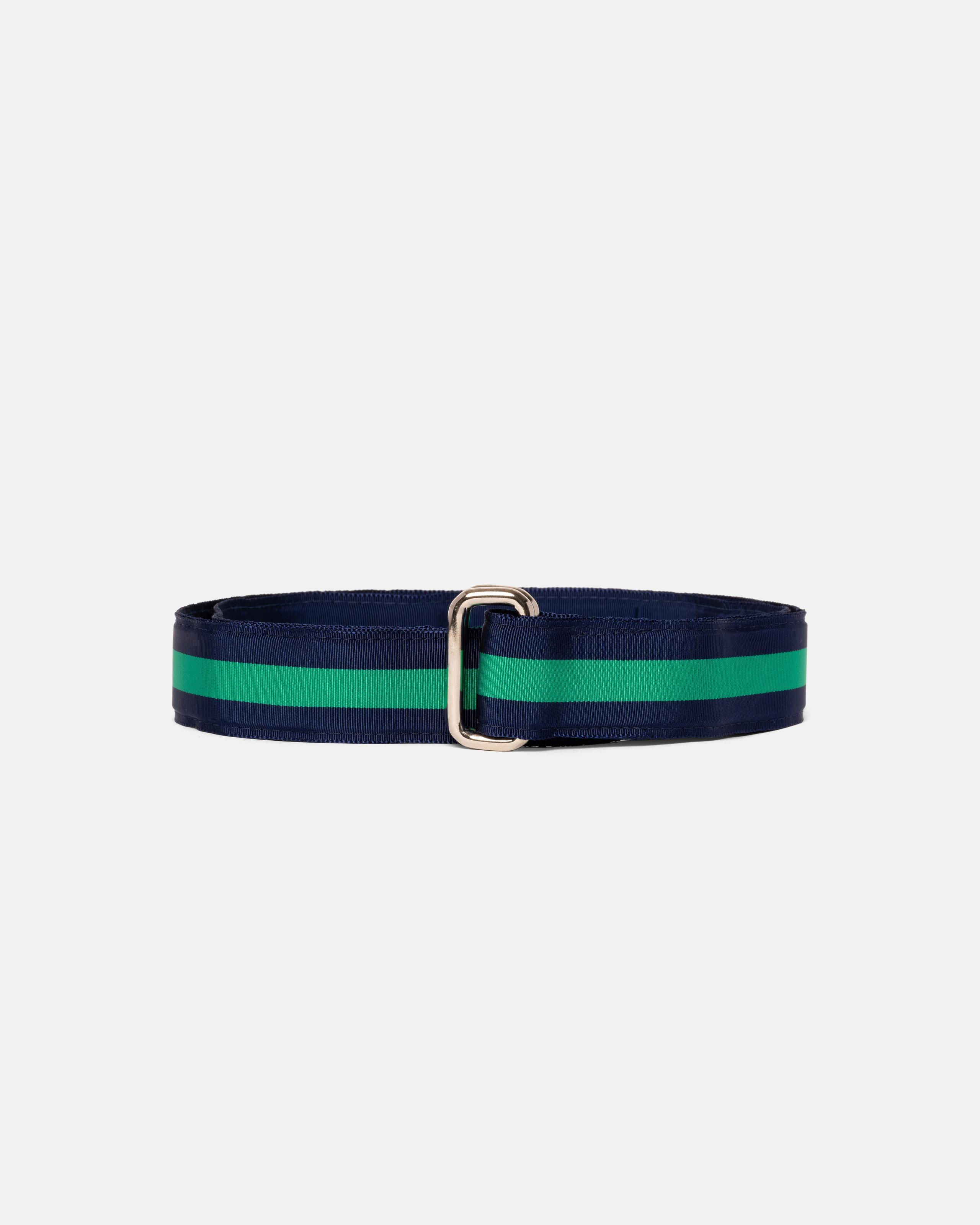 Made-in-USA Navy & Green Striped Grosgrain Ribbon Belt