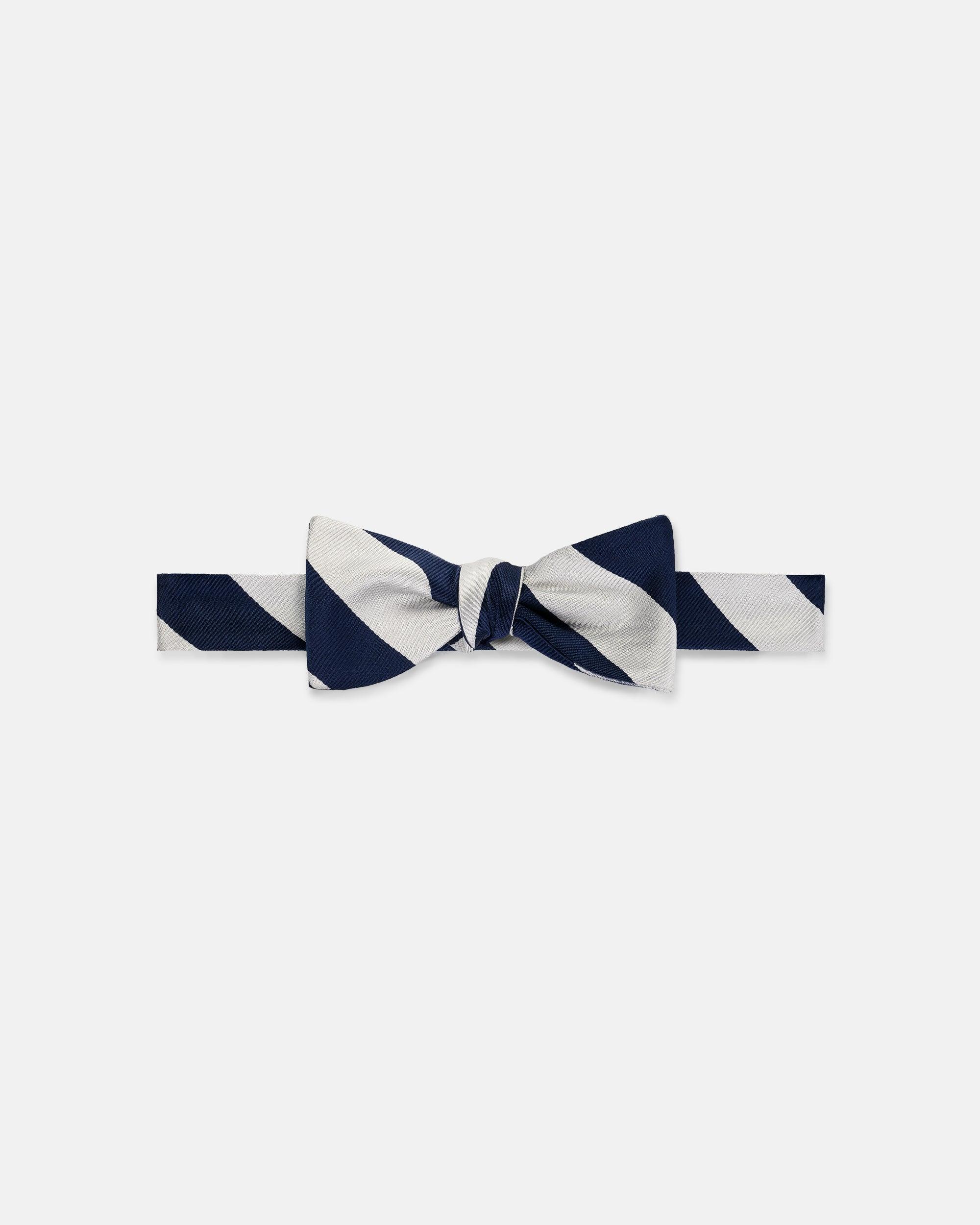 Made-in-USA Navy & Silver Guard Stripe Silk Repp Bow Tie