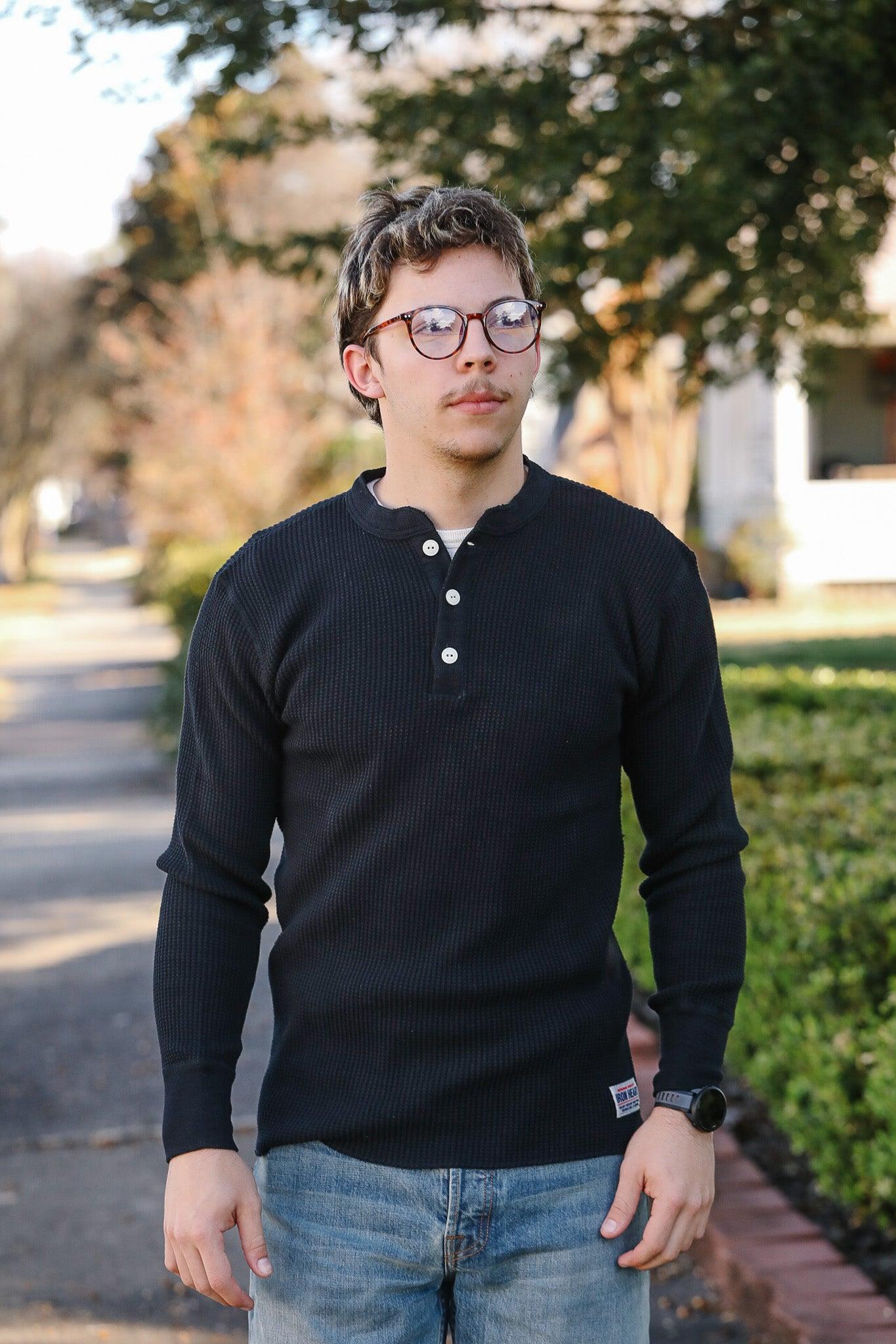 IHTL-1213-BLK Waffle Knit Long Sleeved Thermal Henley - Black