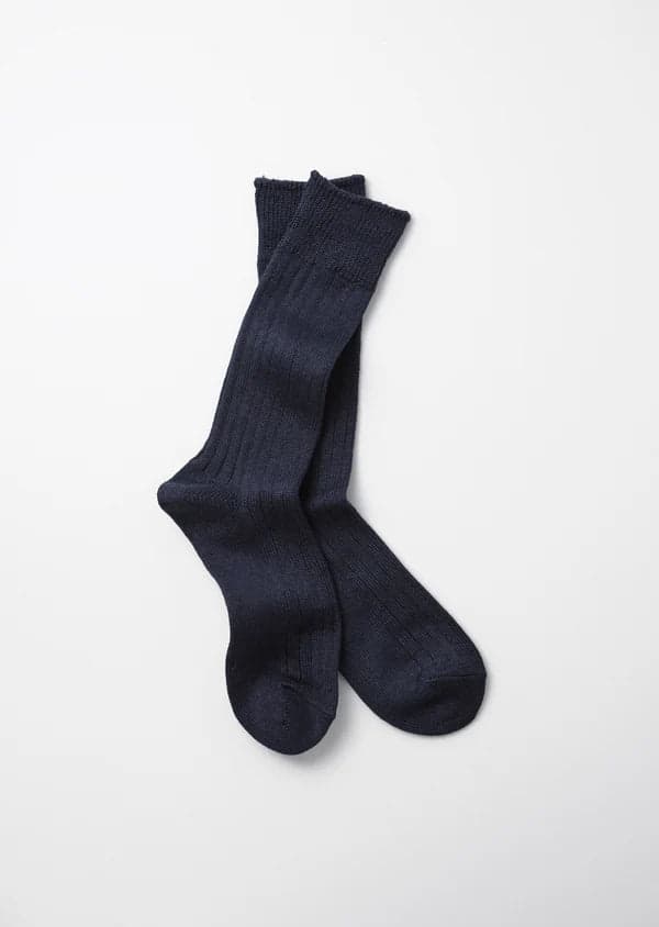 ROTOTO Linen Cotton Rib Crew Socks- Navy