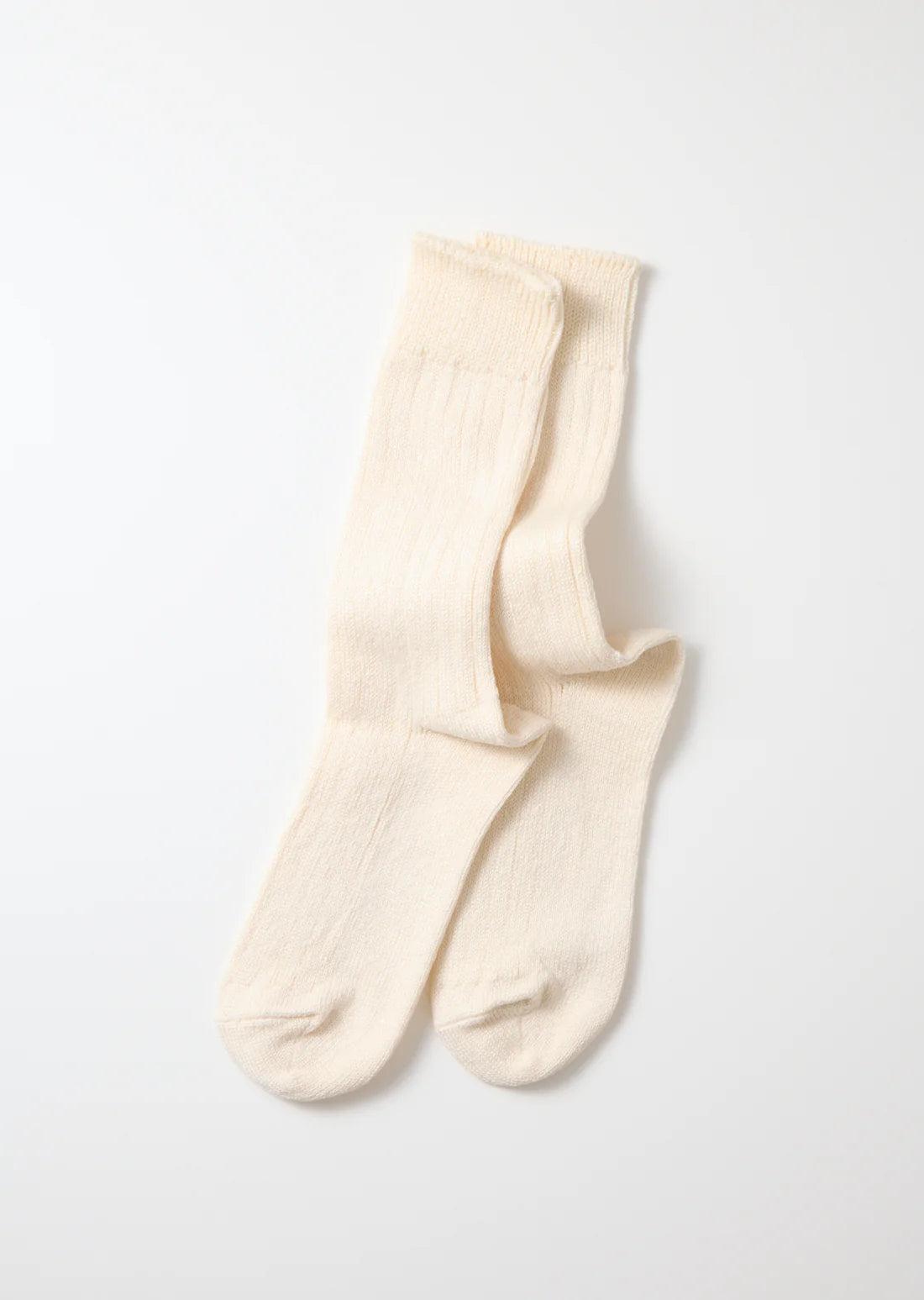 Linen Cotton Rib Crew Socks- Ecru