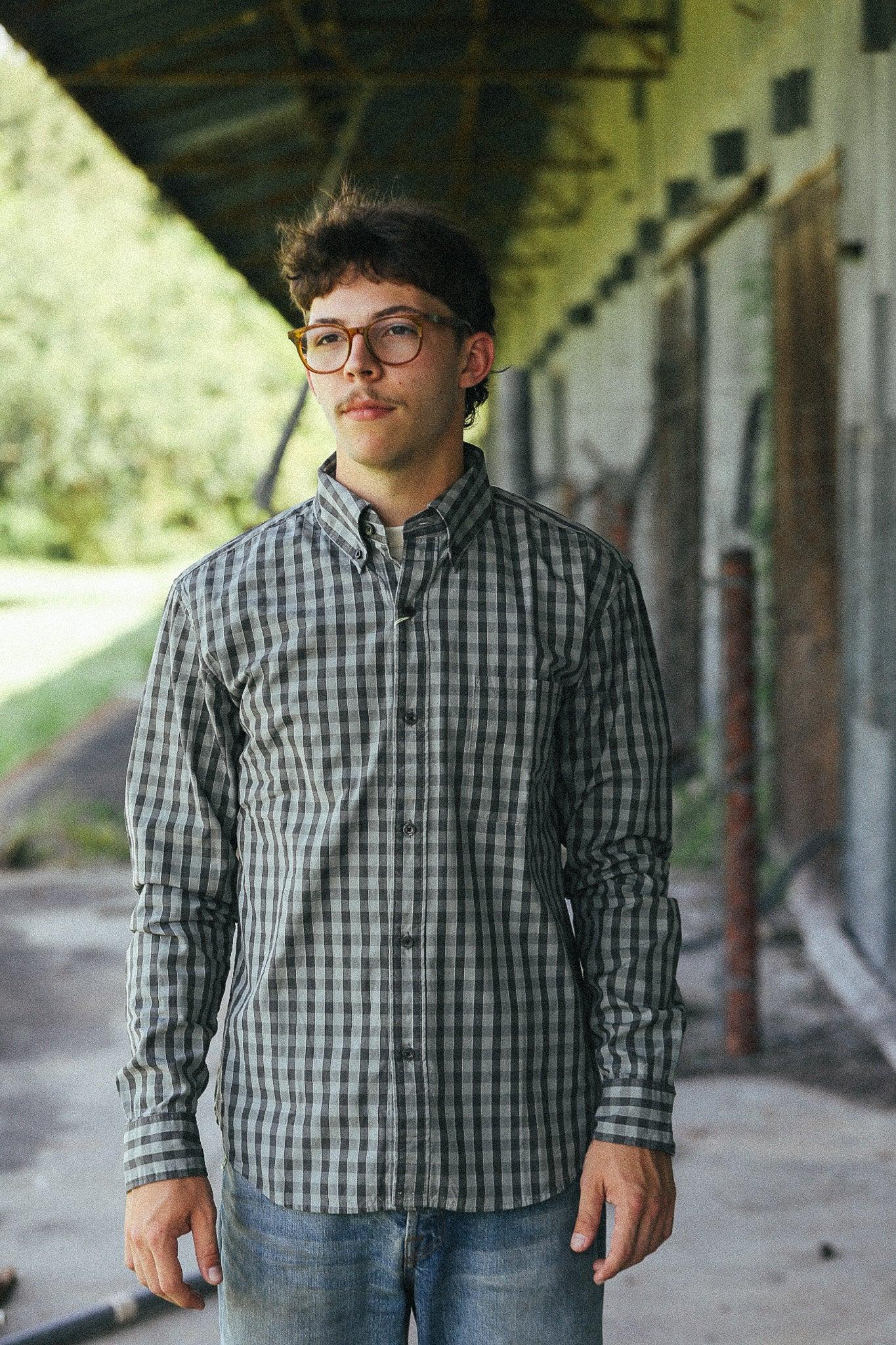 502602 UES Gingham Check Button-down Shirt- Grey