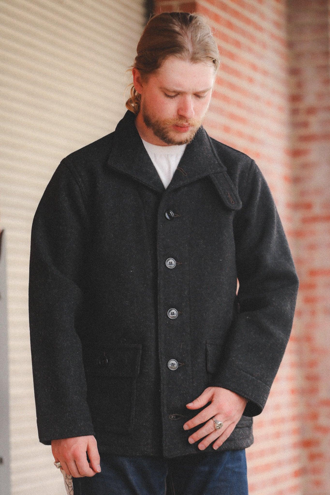 BR15764 Buzz Rickson U.S. Navy Woolen Submariner Coat- 30oz Wool Herringbone Charcoal