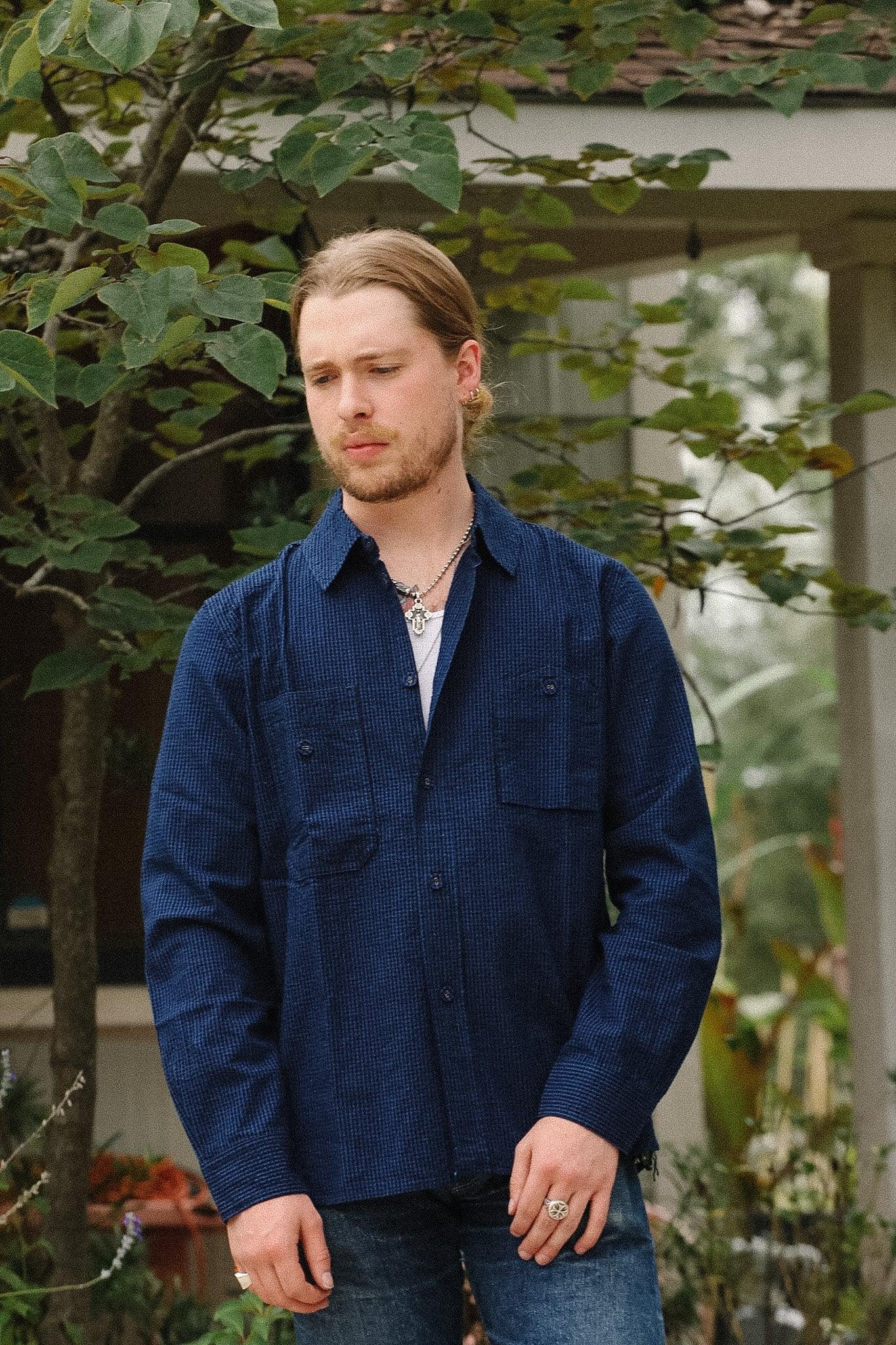 LS-2244-2 Seersucker Indigo Check Shirt- Gingham Check