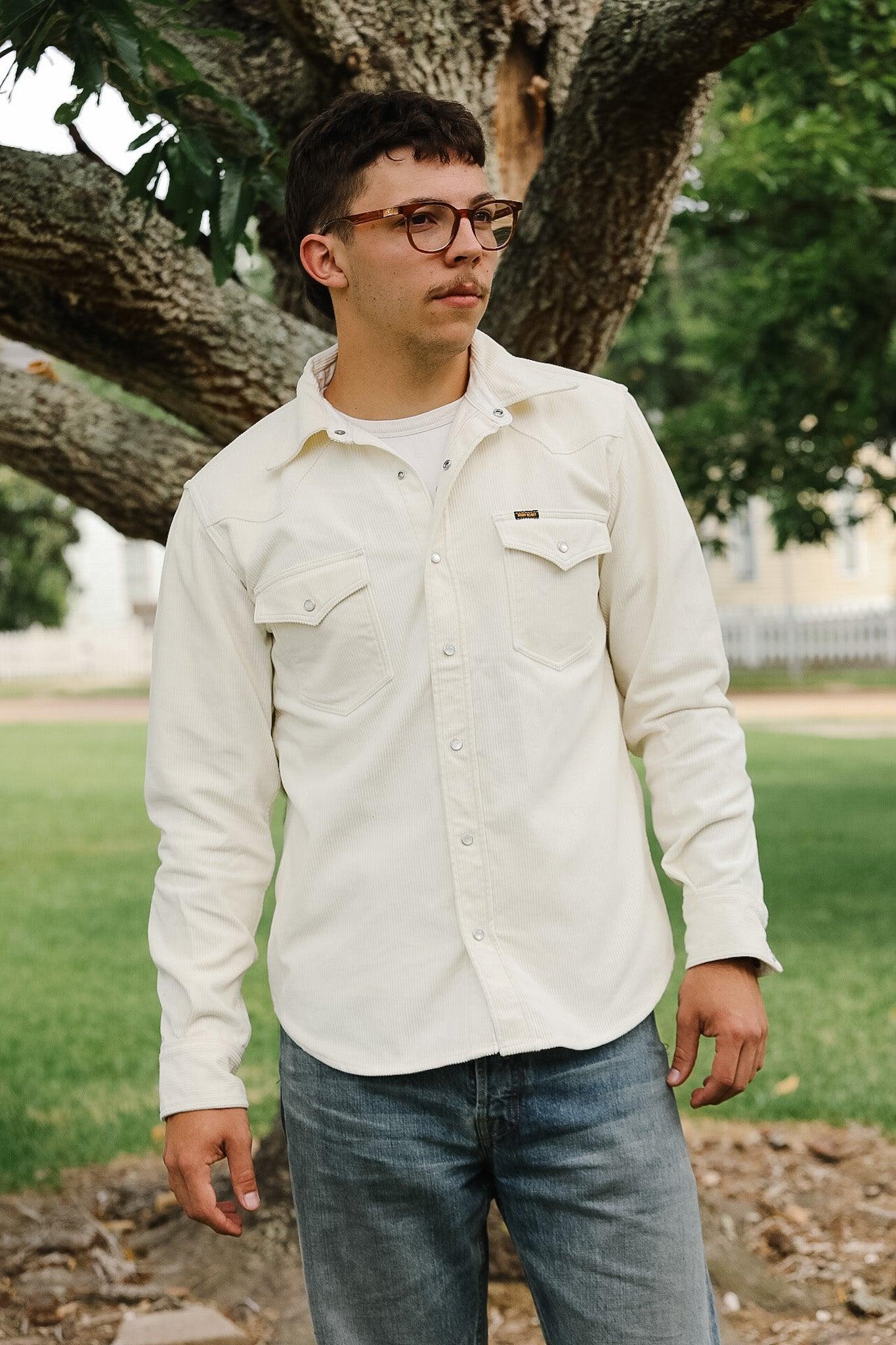 IHSH-398-WHT Iron Heart 11oz Corduroy Western Shirt - Off White