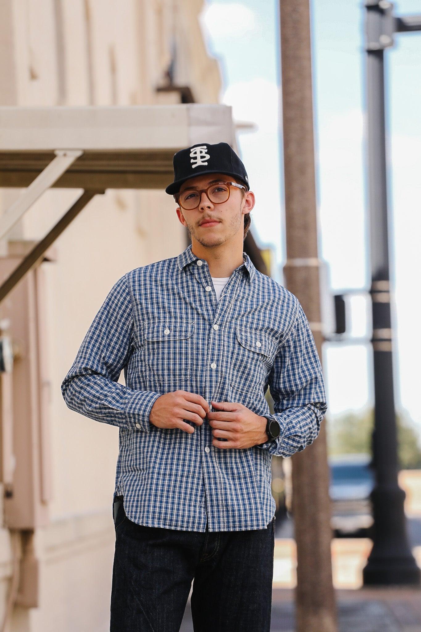 F3516 FOB Factory Indigo Check Work Shirt- Indigo/White