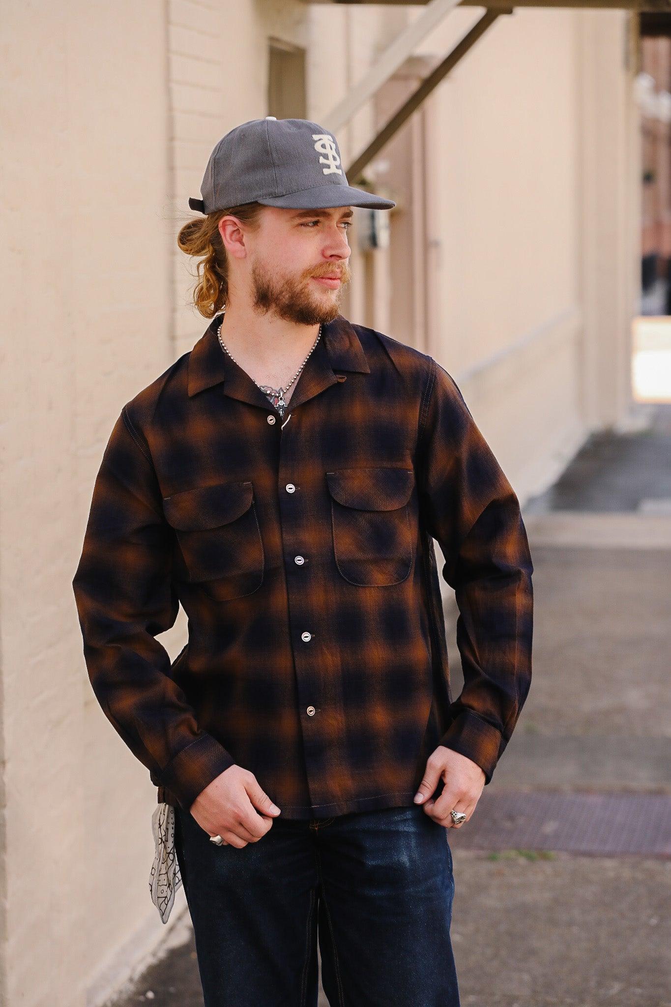F3519 FOB Factory Check Open Collar Shirt-Brown