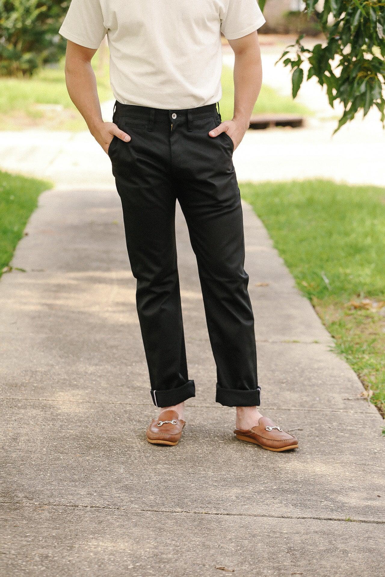 9oz Mercerized Selvedge Cotton Relaxed Tapered Cut Chinos - Black IH-727-BLK