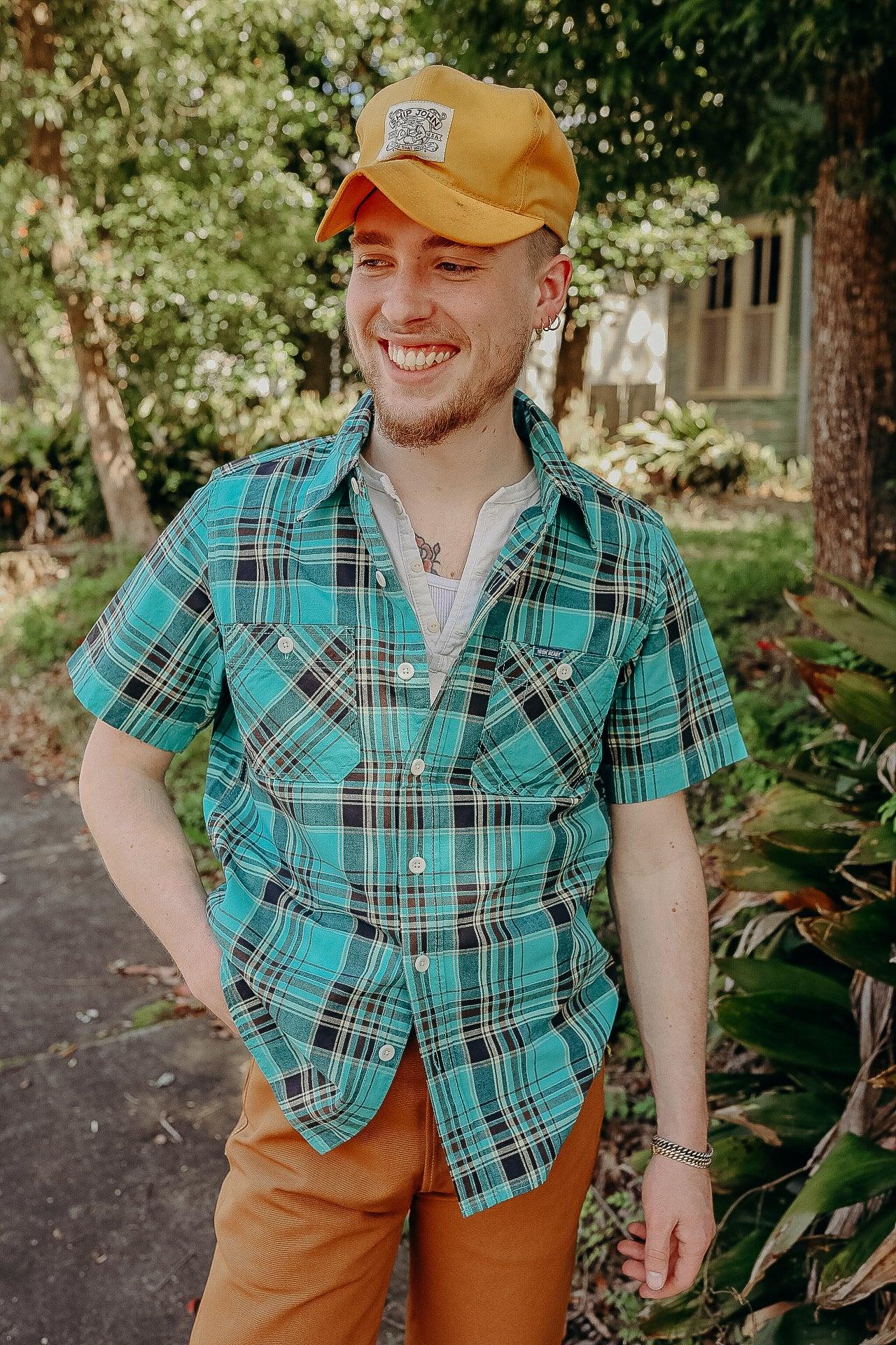 5oz Selvedge Madras Check Short Sleeve Work Shirt - Green (IHSH-360)