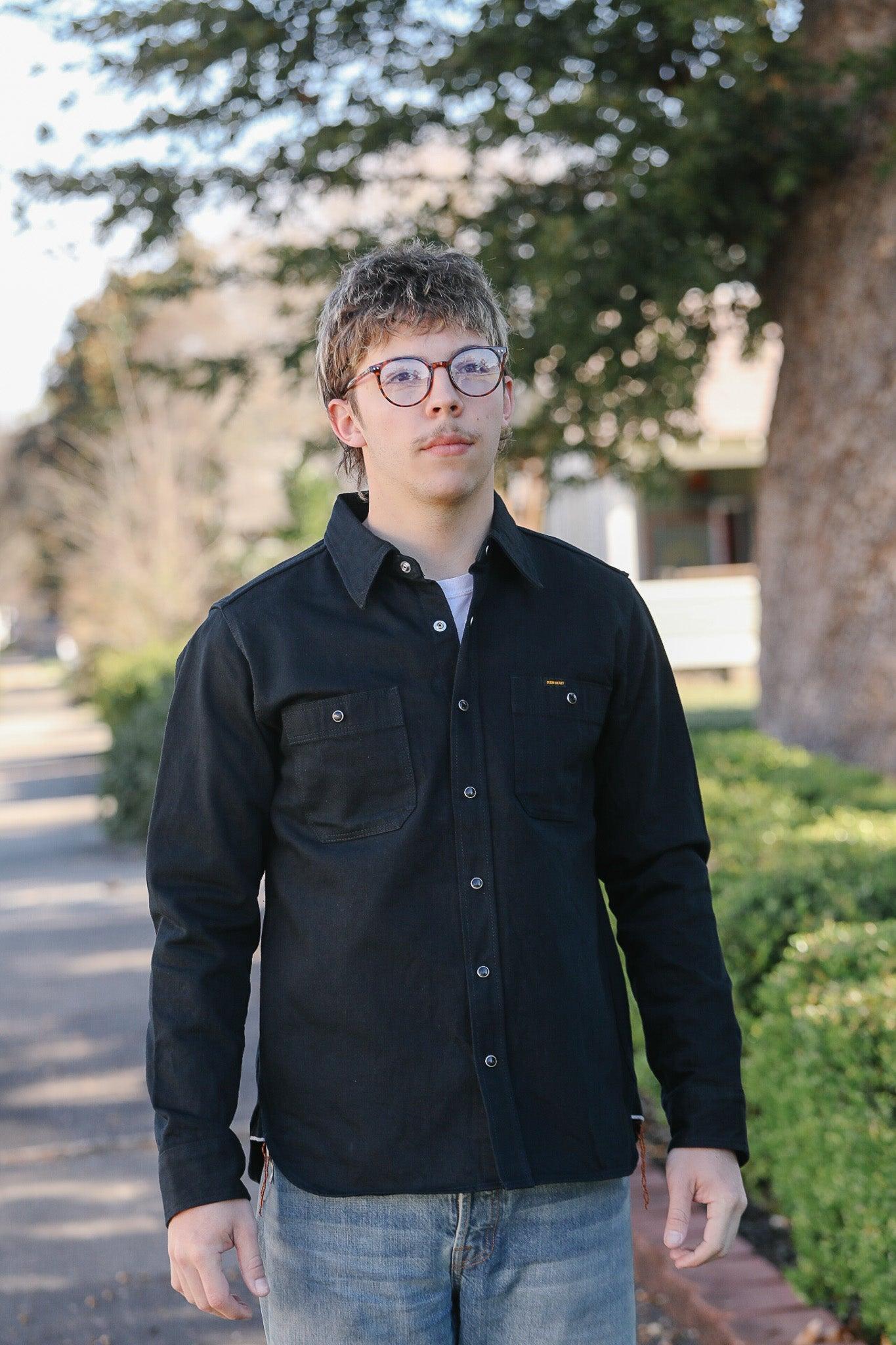 IHSH-338-BLK Iron Heart 12oz Selvedge Denim Work Shirt With Snaps - Black