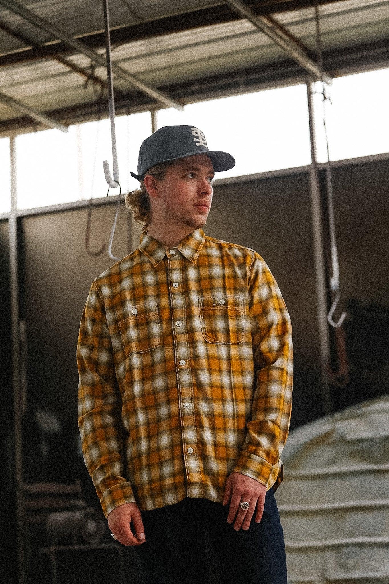 FN-SCR-021L The Flat Head 3oz Ombre Check Western Shirt- Yellow