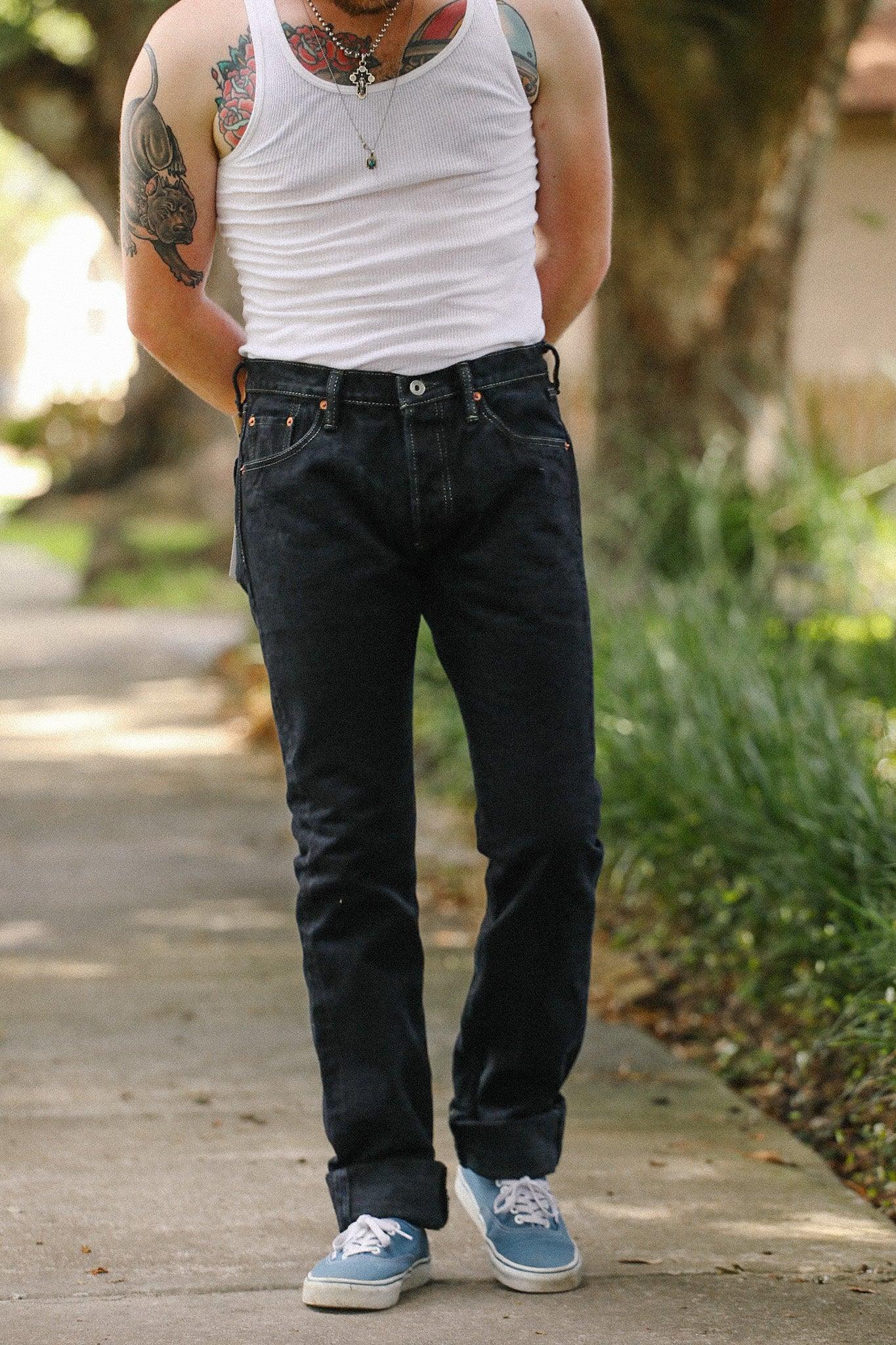 IH-555S-19Lod Iron Heart 19oz Left Hand Twill Selvedge Denim Super Slim Cut Jeans - Indigo Overdyed Black